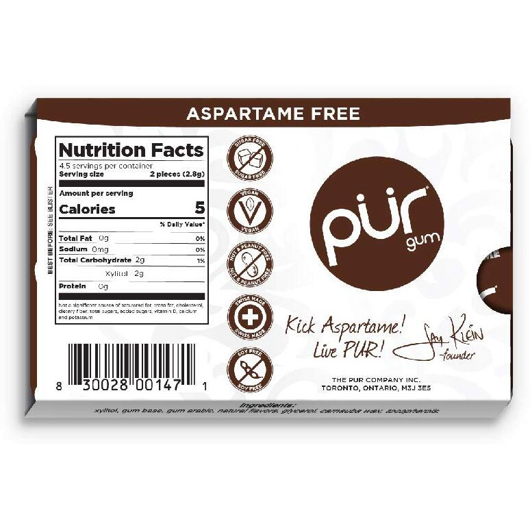 Pur Gum | Aspartame Free Chewing Gum | 100% Xylitol | Natural Chocolate Mint Flavored Gum, 9 Pieces (Pack Of 12)