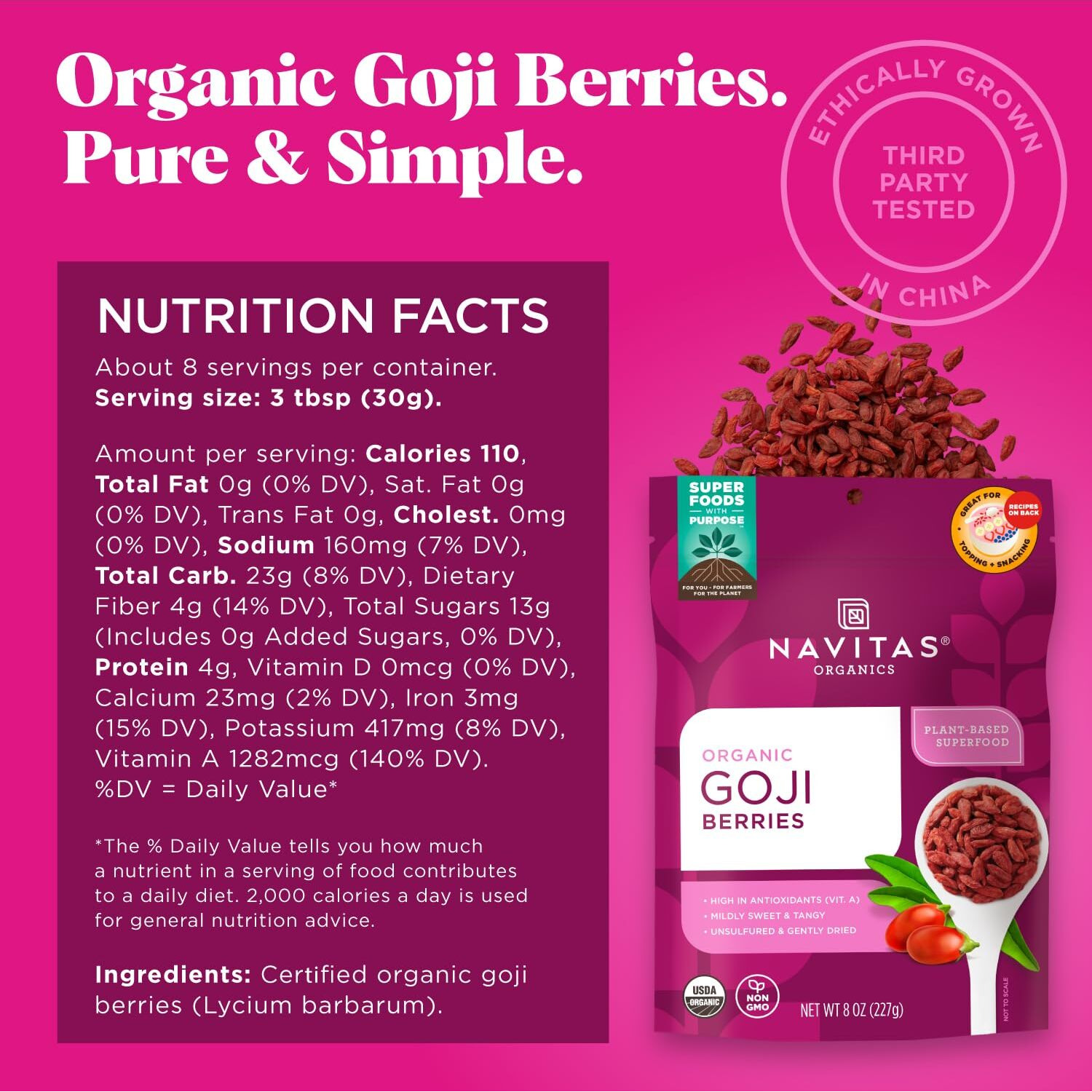 Navitas Organics Goji Berries, 8 Oz. Bag, 8 Servings - Organic, Non-Gmo, Sun-Dried, Sulfite-Free