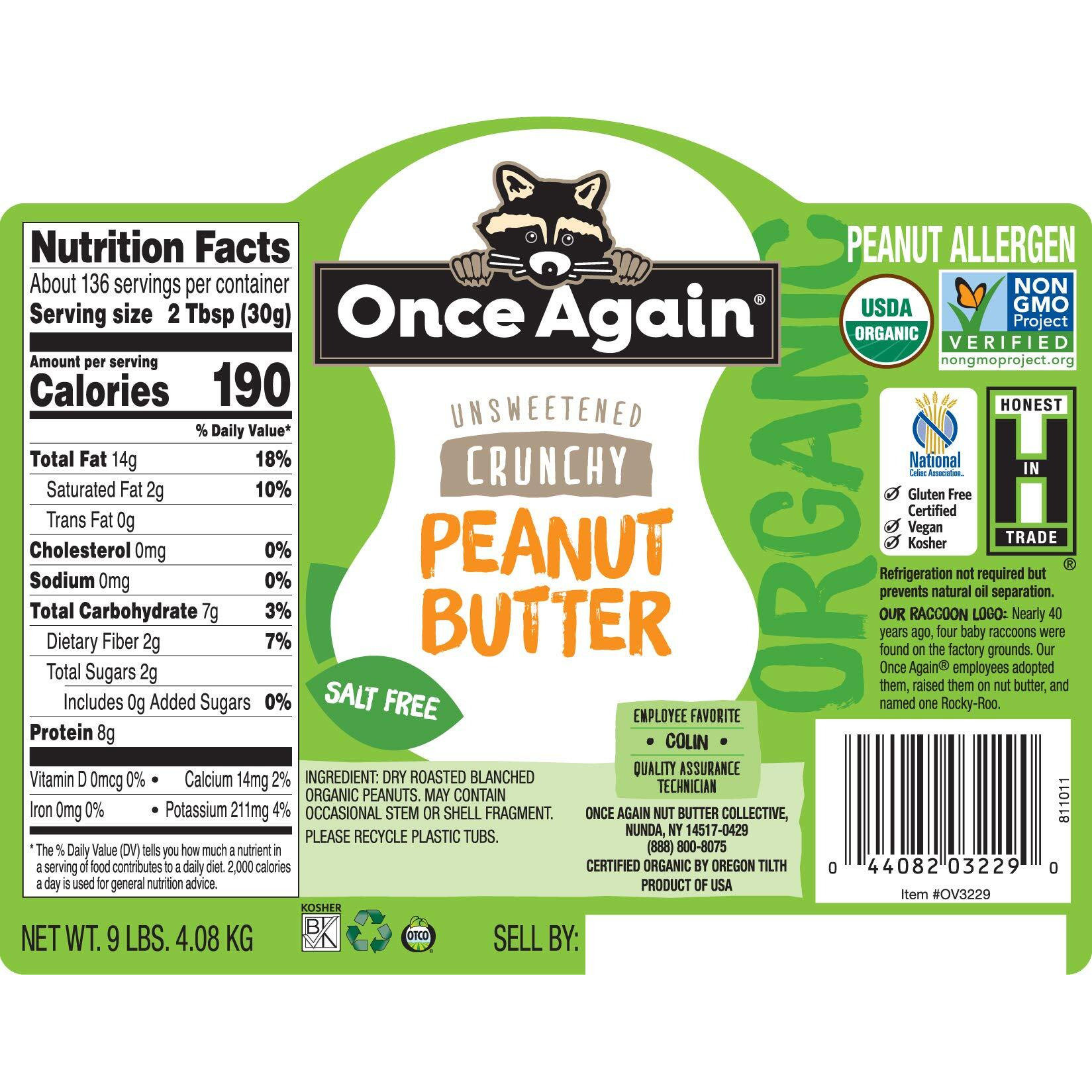 Once Again Organic Crunchy Peanut Butter, 9Lbs (Same As 9 Jars) - Salt Free, Unsweetened - Usda Organic, Gluten Free Certified, Vegan, Kosher