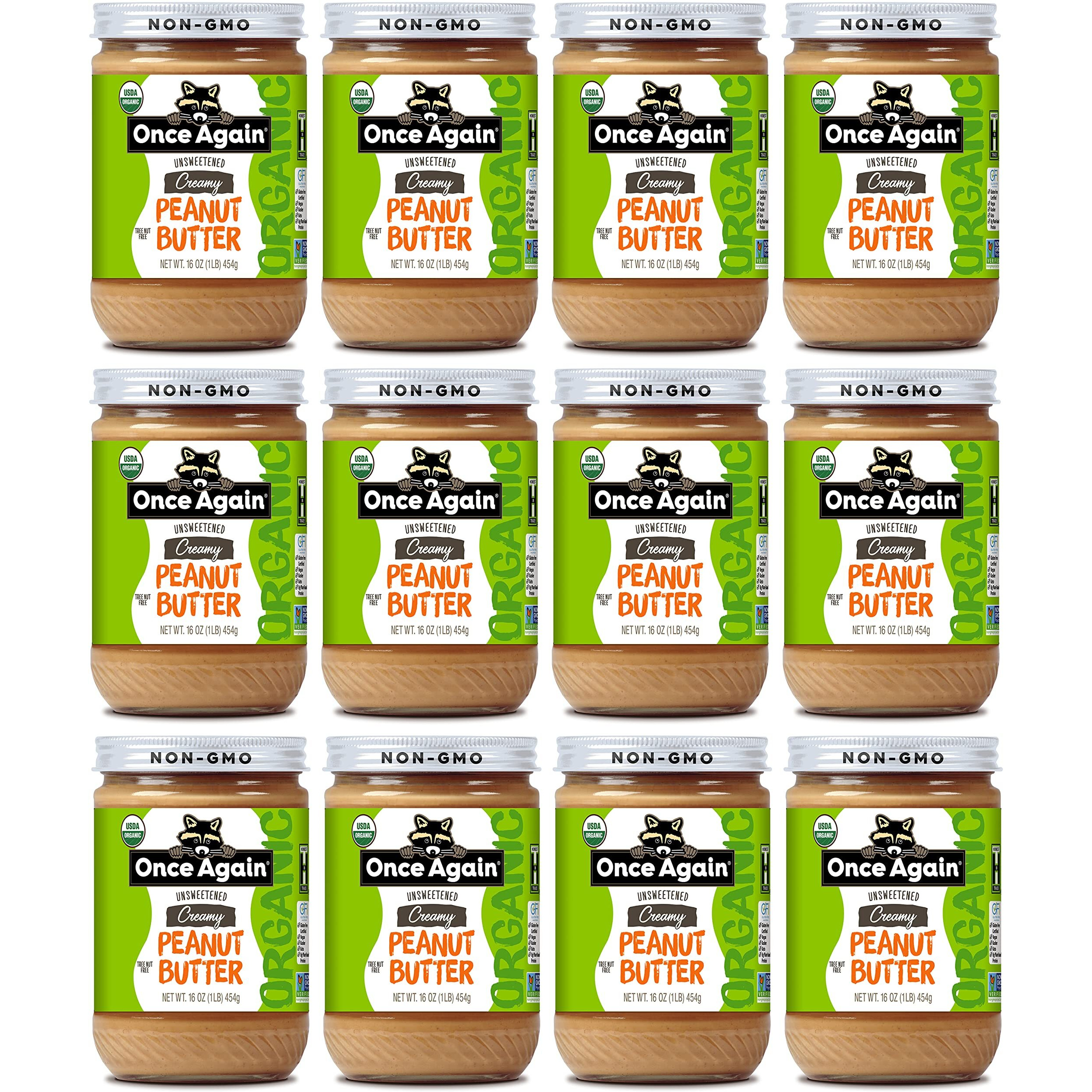Once Again Organic Creamy Peanut Butter, 16Oz - Lightly Salted, Unsweetened - Usda Organic, Gluten Free Certified, Vegan, Kosher - Glass Jar - Case Of 12