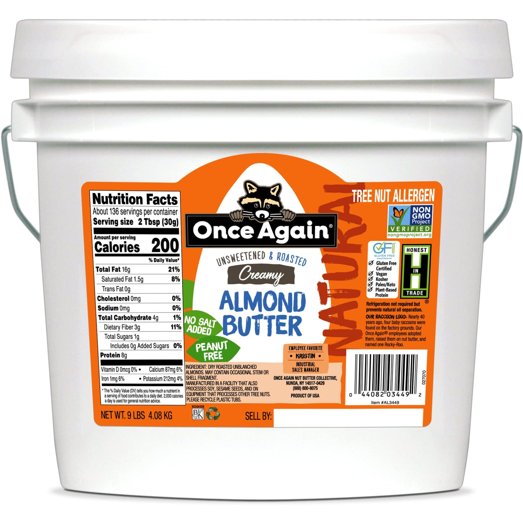 Once Again Natural Creamy Almond Butter, 9Lbs (Same As 9 Jars) - Roasted - Salt Free, Unsweetened - Gluten Free Certified, Peanut Free, Vegan, Kosher, Paleo