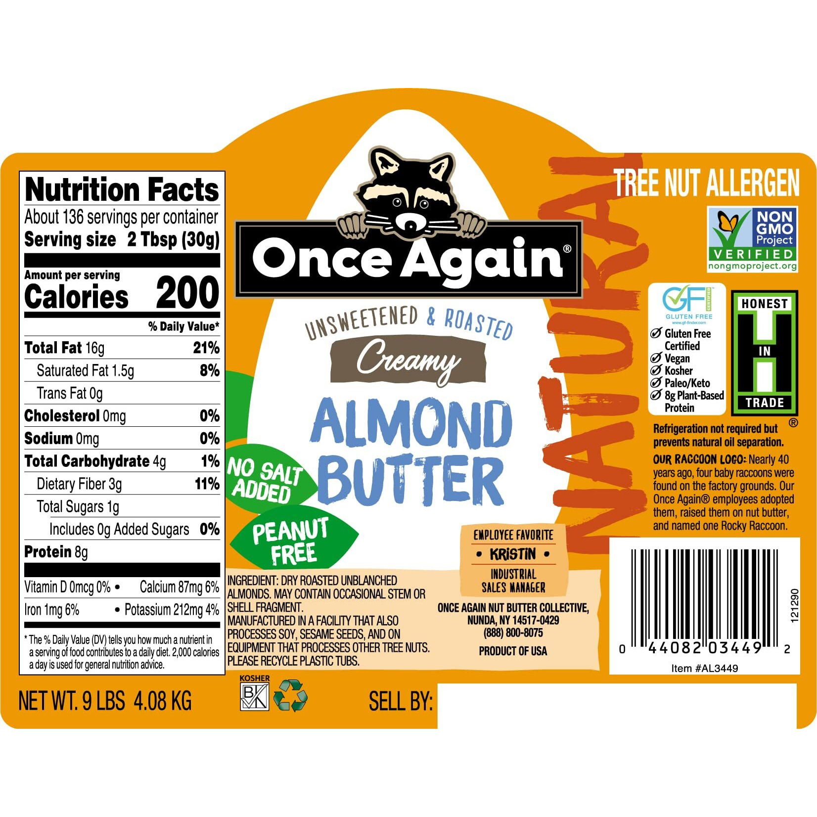 Once Again Natural Creamy Almond Butter, 9Lbs (Same As 9 Jars) - Roasted - Salt Free, Unsweetened - Gluten Free Certified, Peanut Free, Vegan, Kosher, Paleo