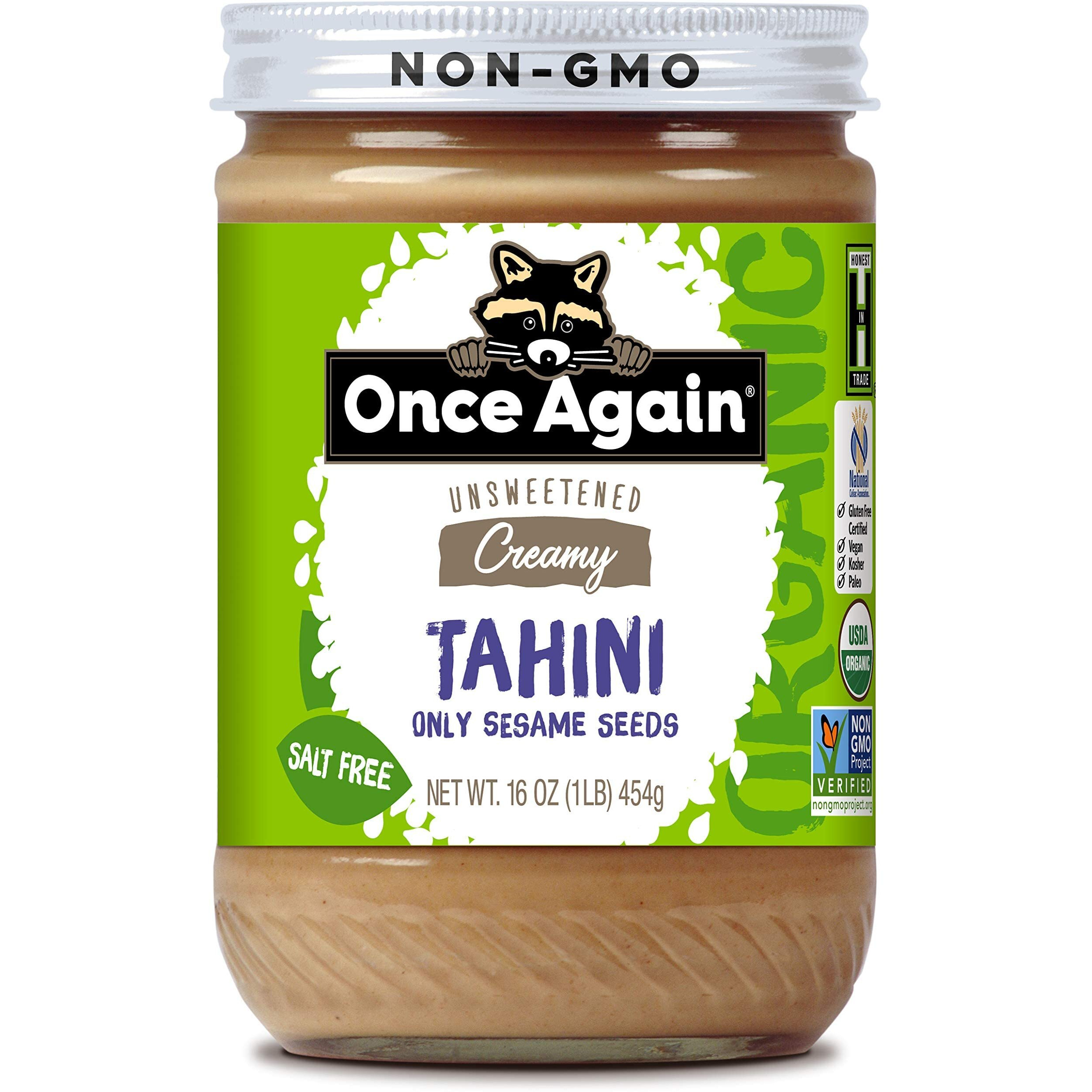 Once Again Organic Sesame Tahini, 16Oz - Salt Free, Unsweetened - Usda Organic, Gluten Free, Vegan, Kosher, Peanut Free - Glass Jar