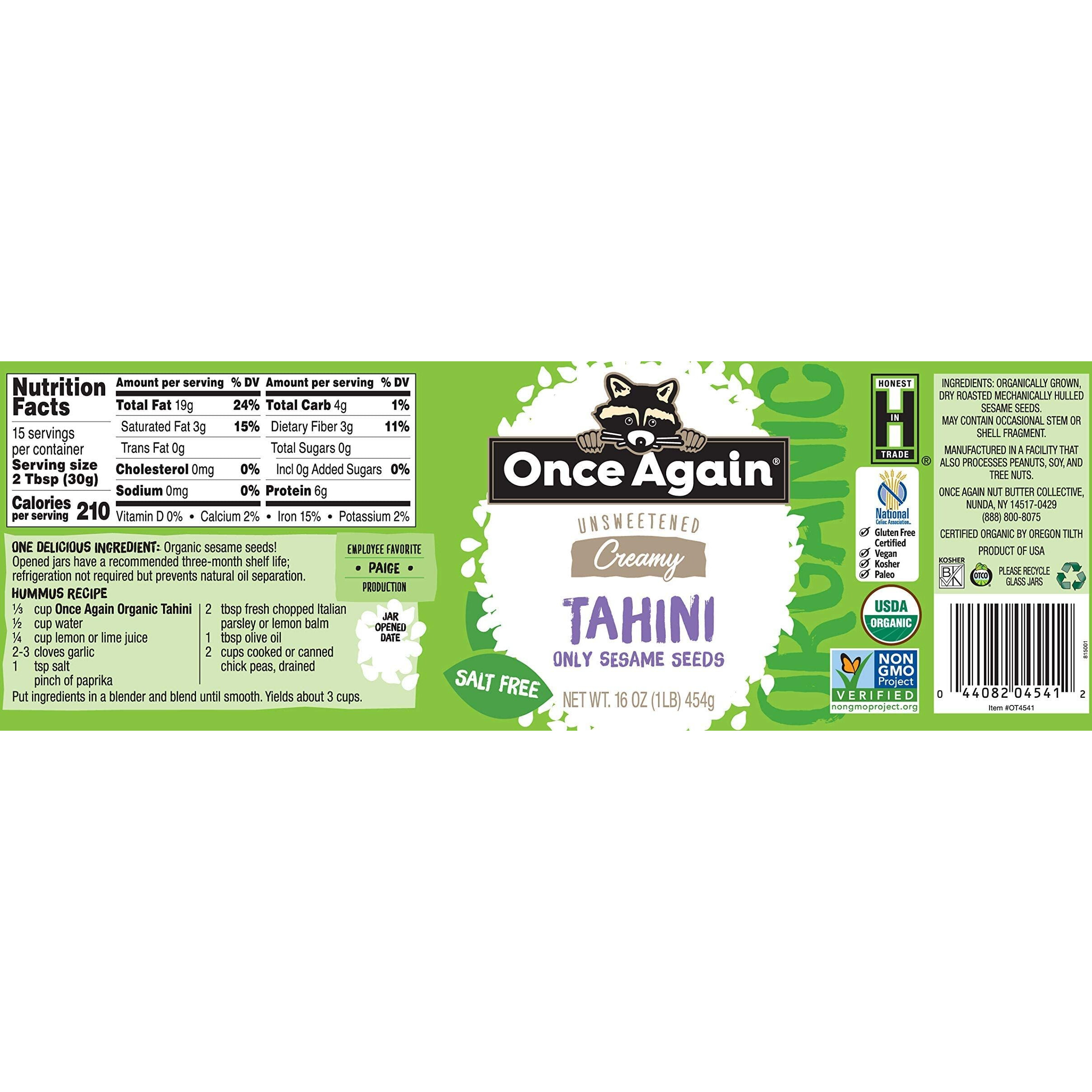 Once Again Organic Sesame Tahini, 16Oz - Salt Free, Unsweetened - Usda Organic, Gluten Free, Vegan, Kosher, Peanut Free - Glass Jar