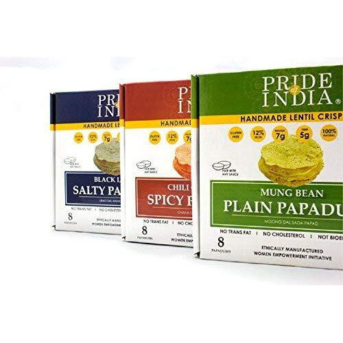 Pride Of India - Assorted Papadum Lentil Crisps - Plain, Salty & Spicy - Pack Of 6 (2 Boxes Per Flavor) - 6 * 3.53Oz (100Gm) Per 10 Count Box - Party Perfect, Lentil Chips, Gluten-Free, Healthy Snack