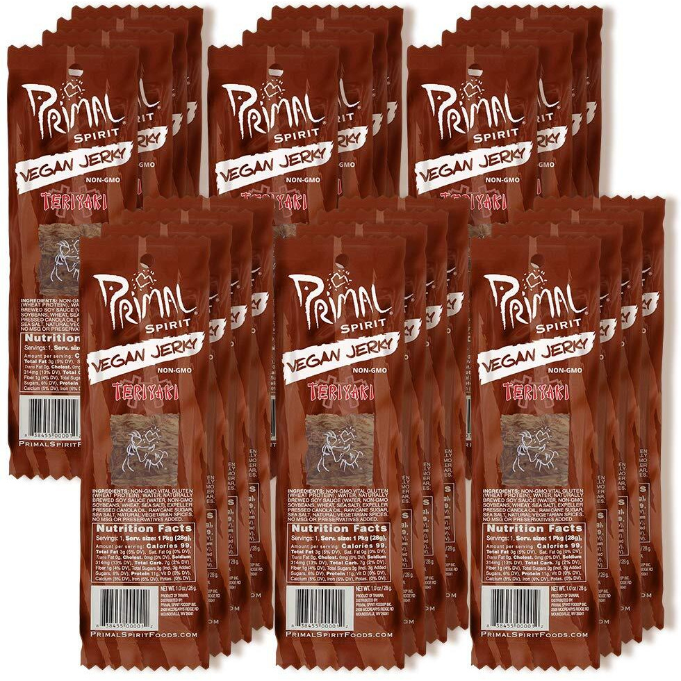 Primal Spirit Vegan Jerky - Classic Flavor    - Teriyaki, 10 G. Plant Based Protein, Certified Non-Gmo, No Preservatives, Sports Friendly Packaging (24 Pack, 1 Oz)