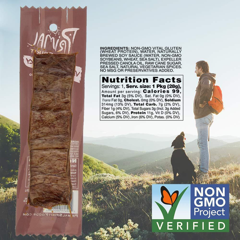 Primal Spirit Vegan Jerky - Classic Flavor    - Teriyaki, 10 G. Plant Based Protein, Certified Non-Gmo, No Preservatives, Sports Friendly Packaging (24 Pack, 1 Oz)