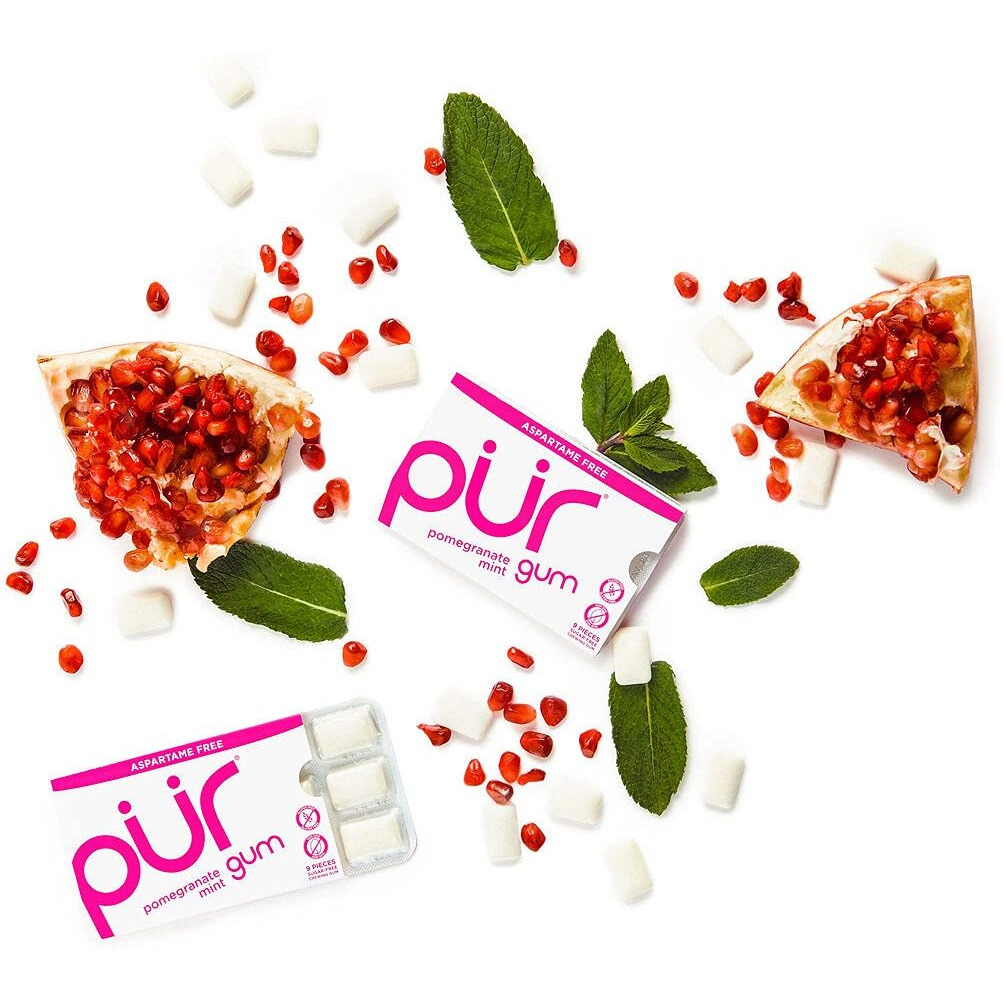 Pur Gum | Aspartame Free Chewing Gum | 100% Xylitol | Natural Pomegranate Mint Flavored Gum, 9 Pieces (Pack Of 12)