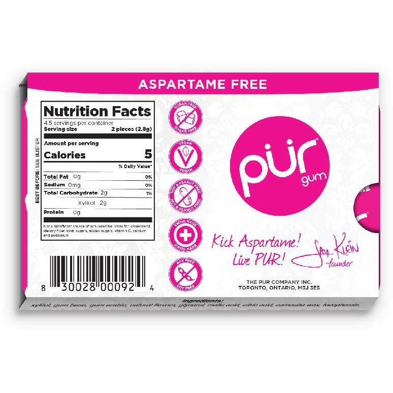 Pur Gum | Aspartame Free Chewing Gum | 100% Xylitol | Natural Pomegranate Mint Flavored Gum, 9 Pieces (Pack Of 12)