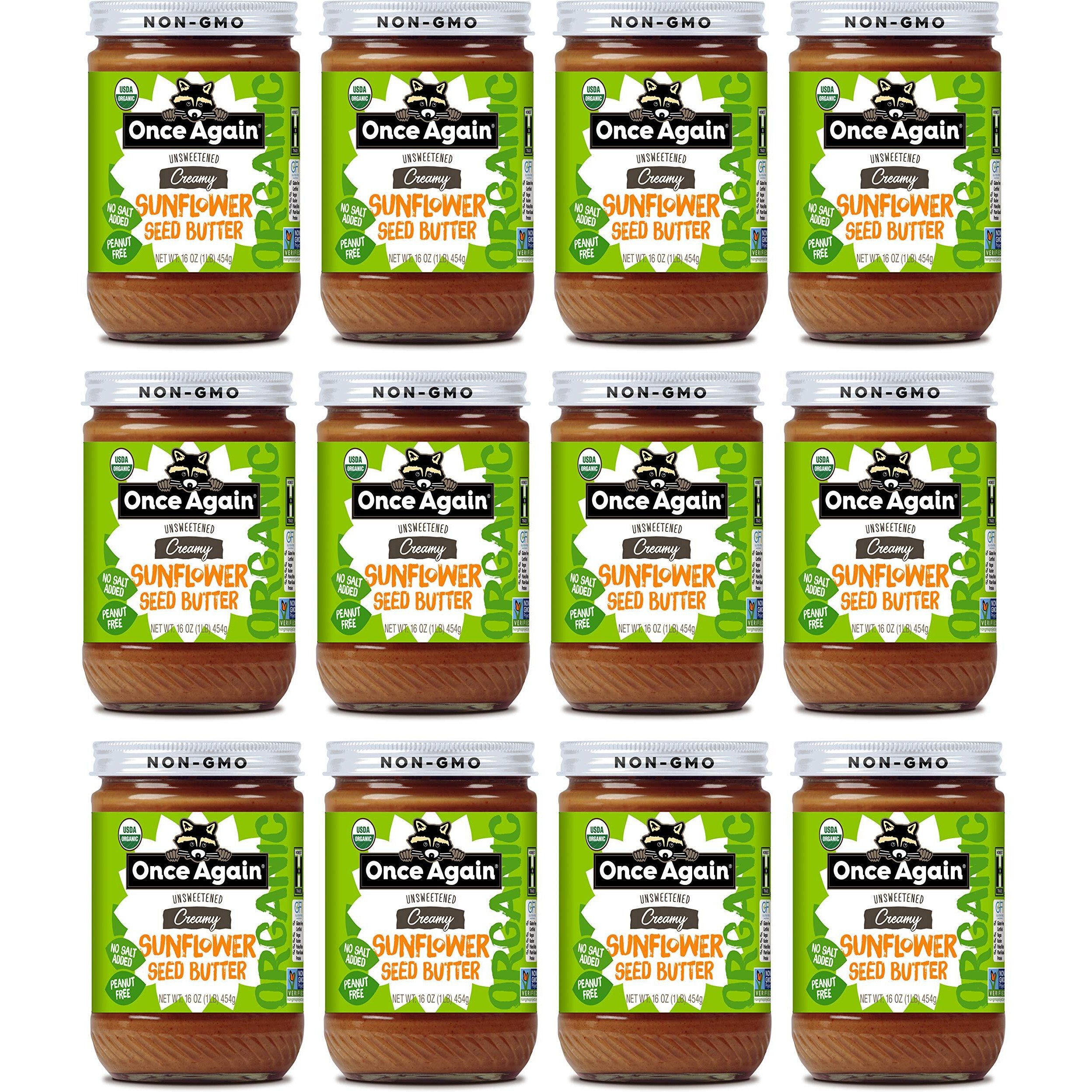 Once Again Organic Creamy Sunflower Butter, 16Oz - Salt Free, Unsweetened - Peanut Free, Usda Organic, Gluten Free Certified, Vegan, Kosher - Glass Jar - Case Of 12