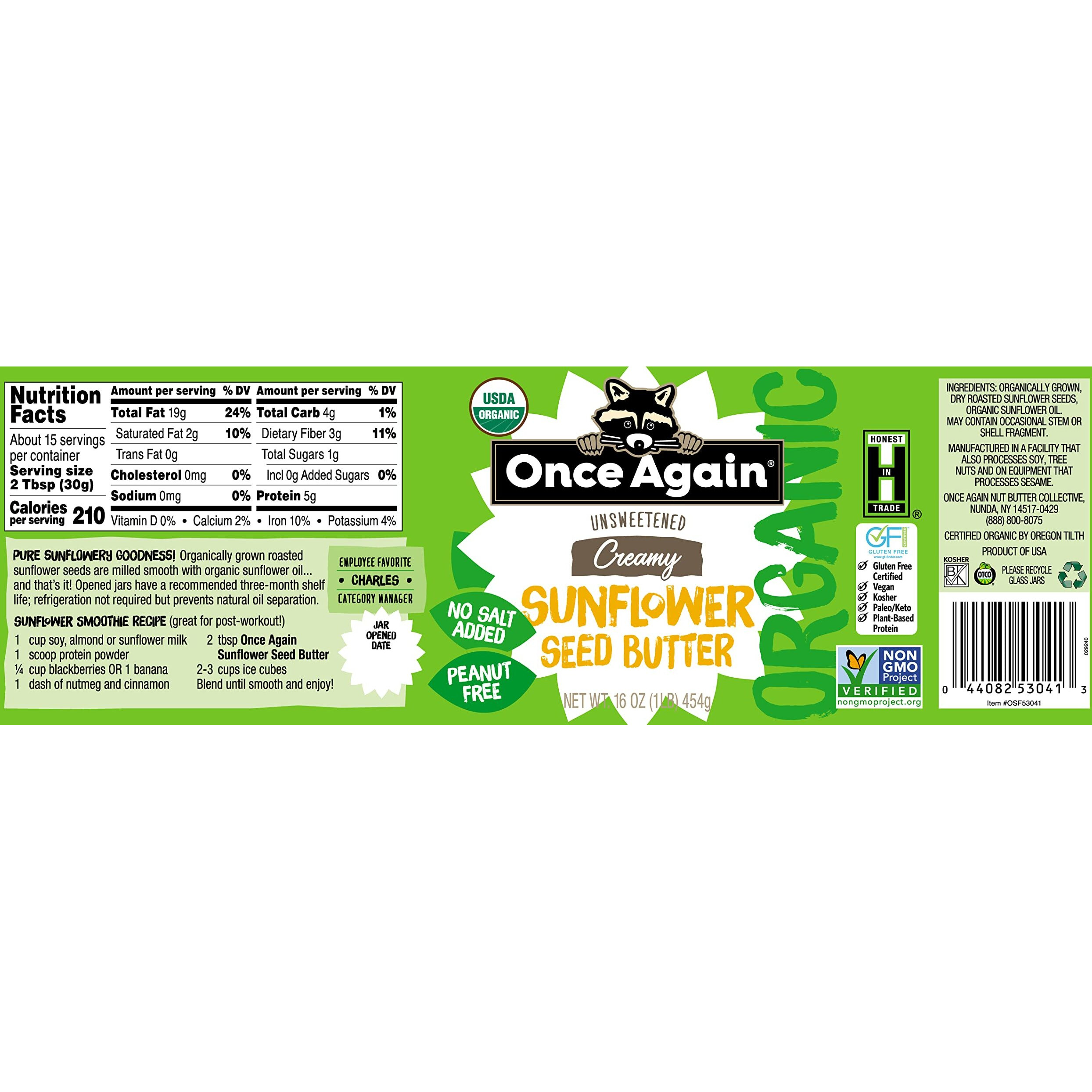 Once Again Organic Creamy Sunflower Butter, 16Oz - Salt Free, Unsweetened - Peanut Free, Usda Organic, Gluten Free Certified, Vegan, Kosher - Glass Jar - Case Of 12