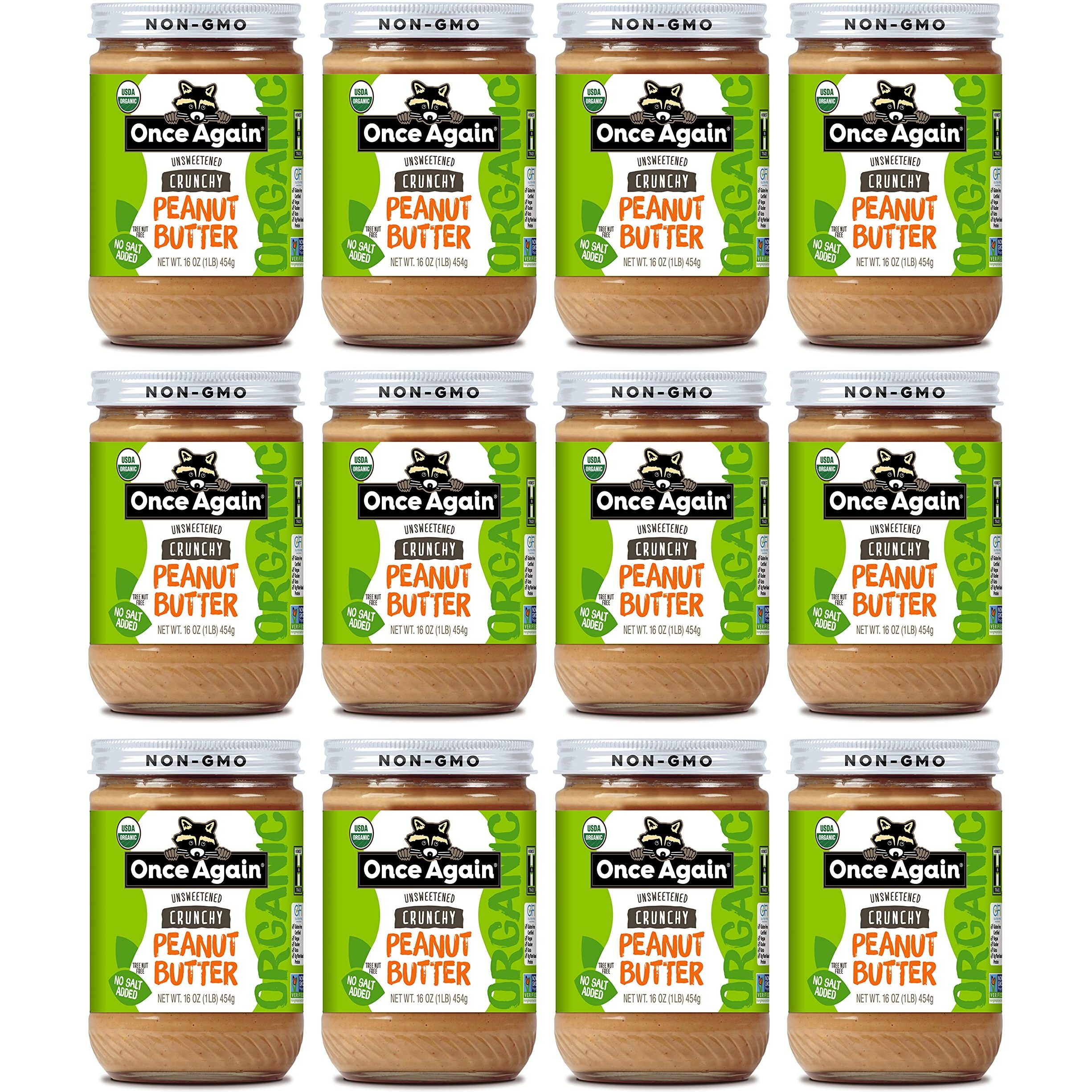 Once Again Organic Crunchy Peanut Butter, 16Oz - Salt Free, Unsweetened - Usda Organic, Gluten Free Certified, Vegan, Kosher - Glass Jar - Case Of 12