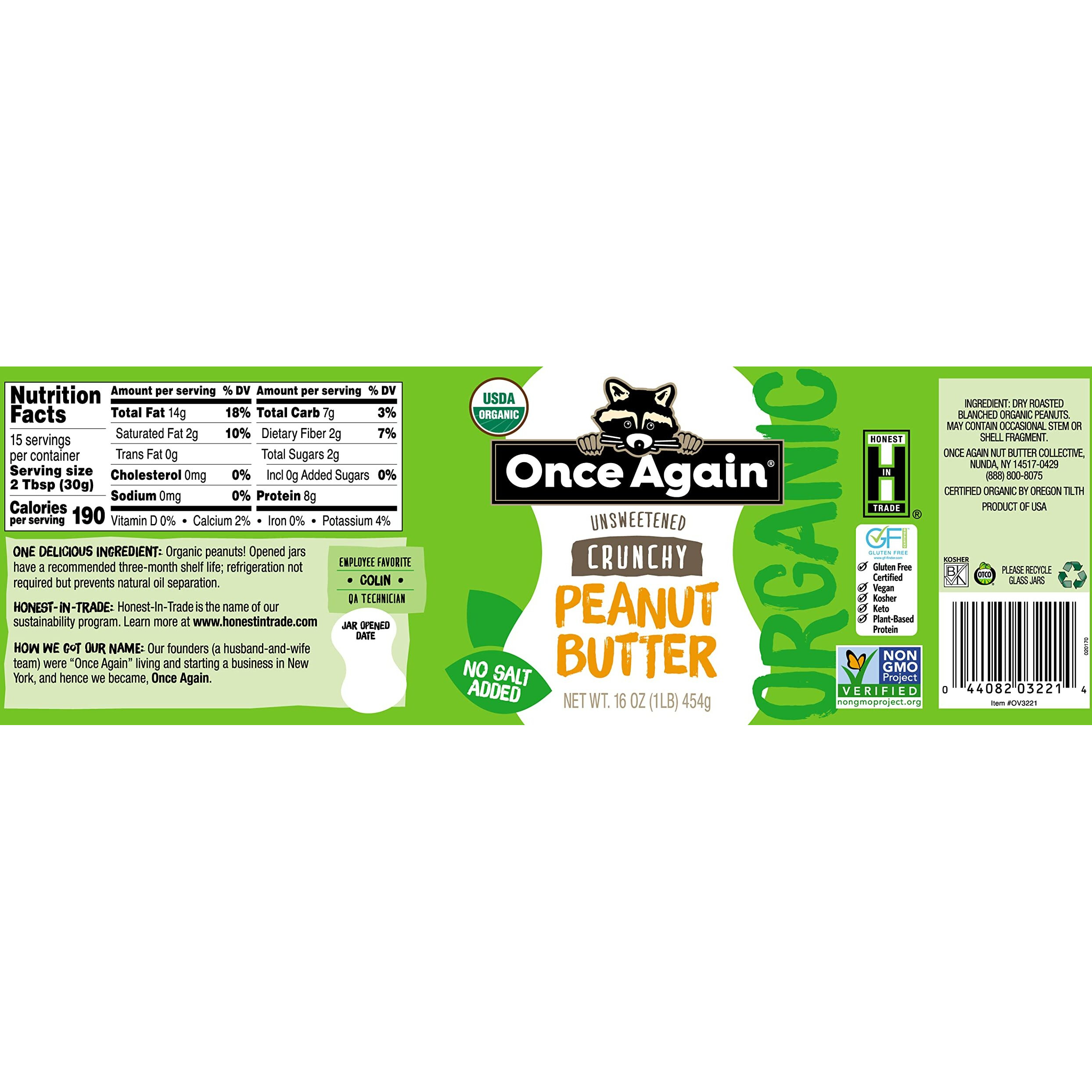 Once Again Organic Crunchy Peanut Butter, 16Oz - Salt Free, Unsweetened - Usda Organic, Gluten Free Certified, Vegan, Kosher - Glass Jar - Case Of 12
