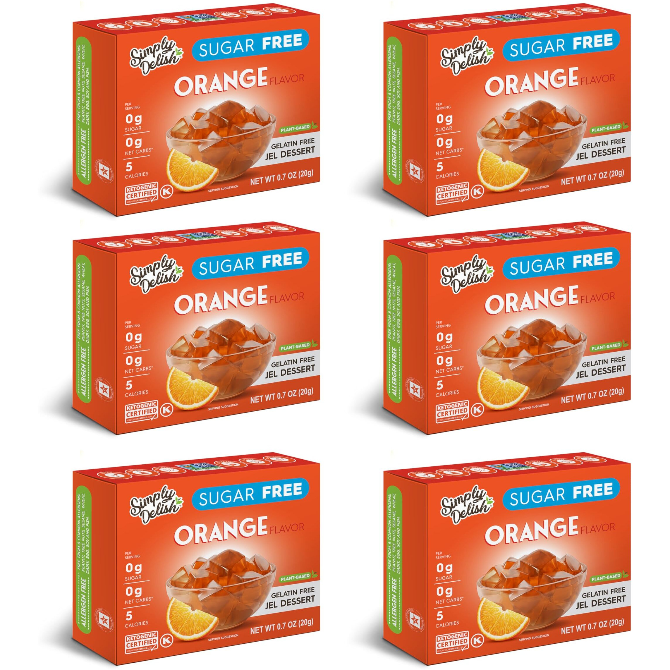 Simply Delish Plant Based Natural Orange Jel Dessert - 6 Pack - Zero Sugar, 0G Net Carbs, Gluten Free, Vegan, Diabetic & Allergen Free