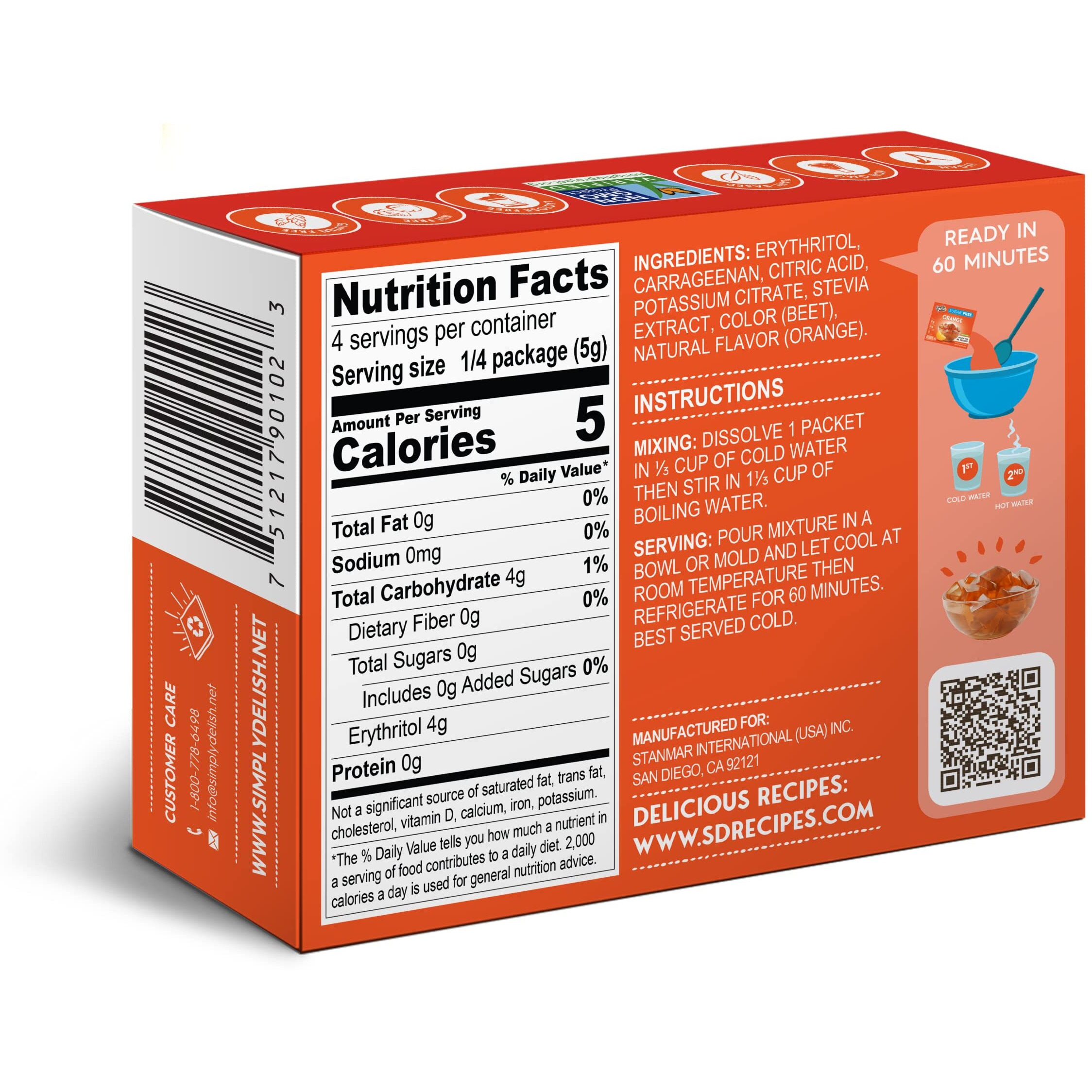 Simply Delish Plant Based Natural Orange Jel Dessert - 6 Pack - Zero Sugar, 0G Net Carbs, Gluten Free, Vegan, Diabetic & Allergen Free