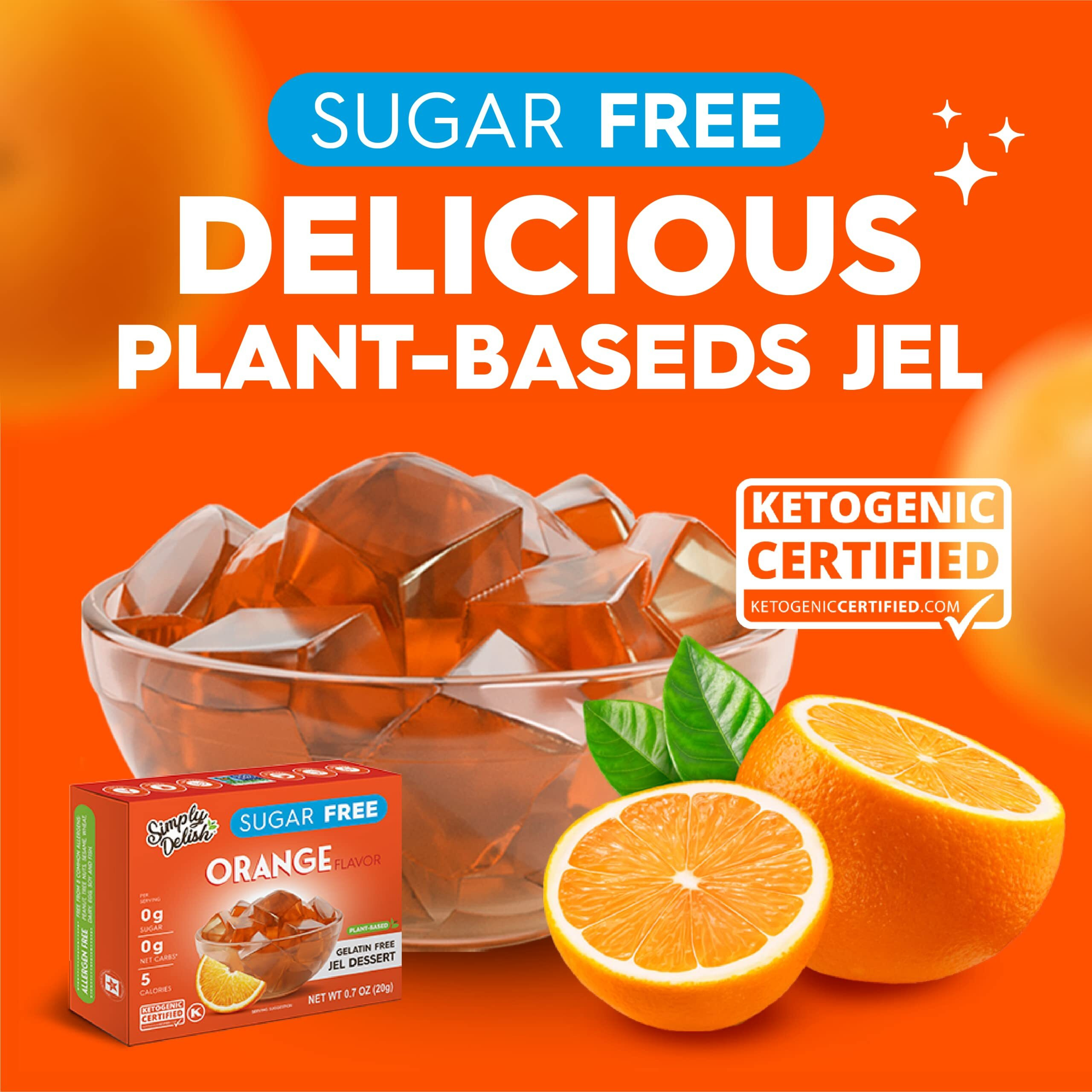 Simply Delish Plant Based Natural Orange Jel Dessert - 6 Pack - Zero Sugar, 0G Net Carbs, Gluten Free, Vegan, Diabetic & Allergen Free