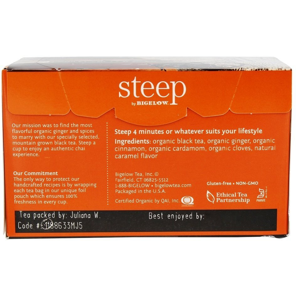 Steep Organic Chai Black Tea 20 Count Box (Pack Of 1), Certified Organic, Gluten-Free, Kosher Tea In Foil-Wrapped Bags