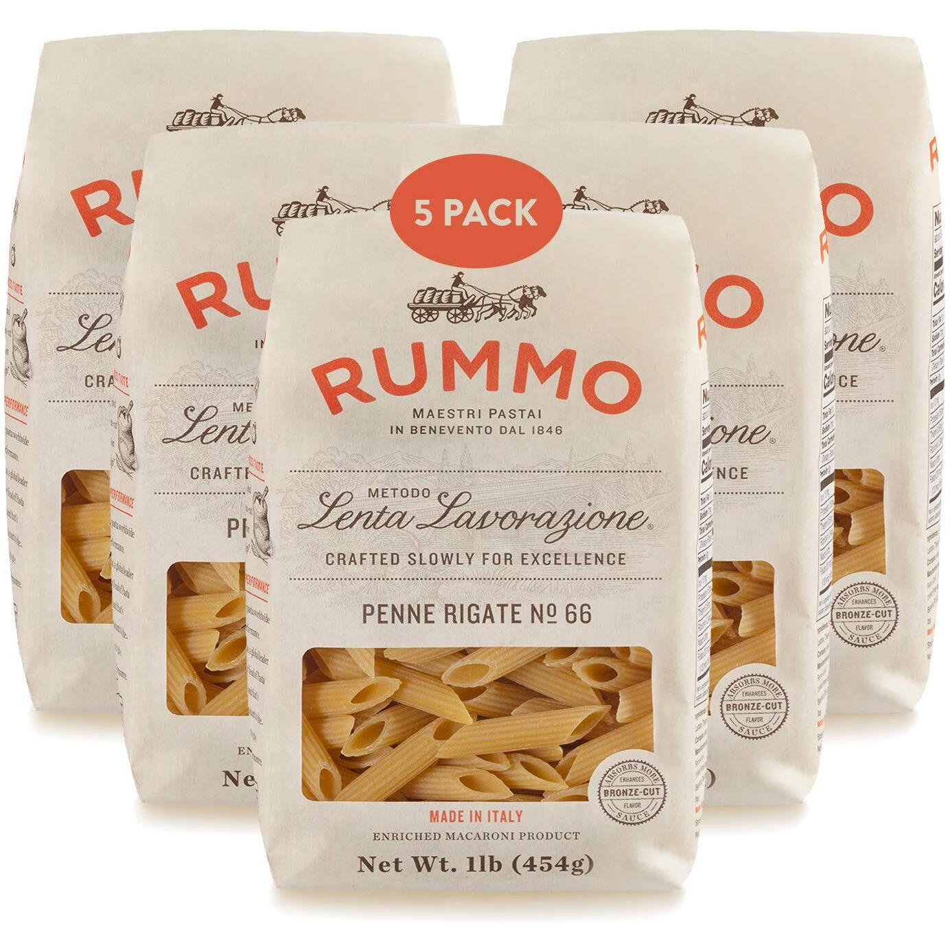 Rummo Lenta Lavorazione - Penne Rigate (No. 66) 1 Lb - Pack Of 5