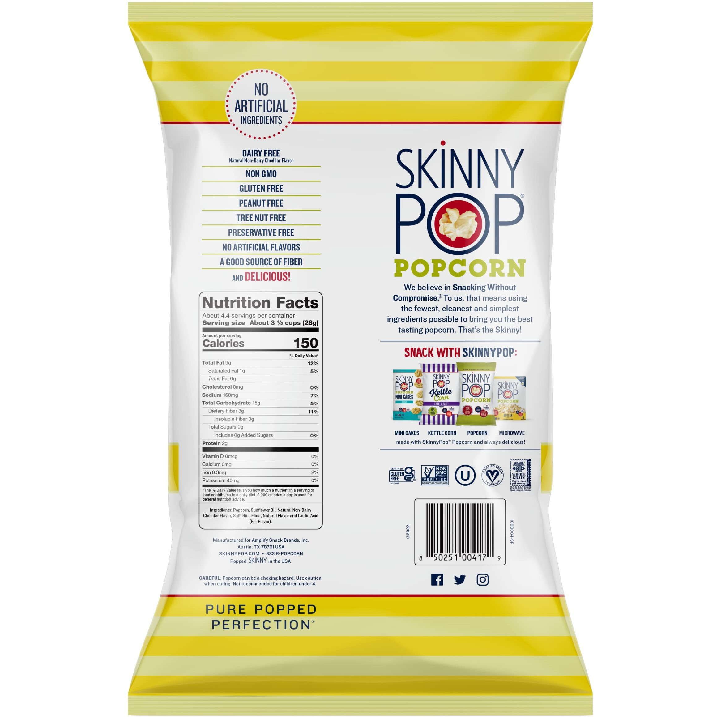 Skinnypop Popcorn, Gluten Free, Non-Gmo, Healthy Snacks, Skinny Pop Dairy Free White Cheddar Popcorn, 4.4Oz Grocery Size Snack Bags (12 Count)
