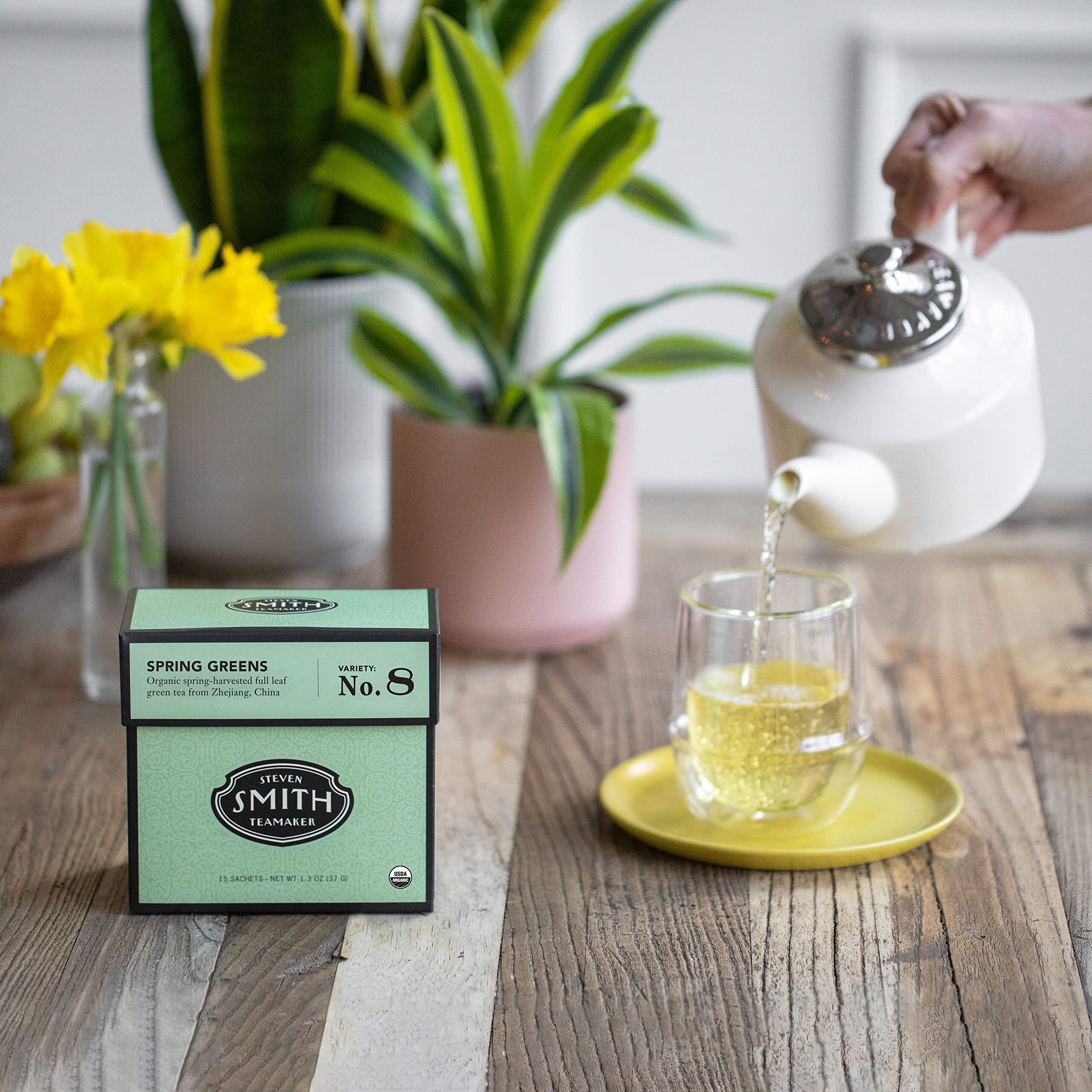 Smith Teamaker | Spring Greens No. 8 | Organic Mao Feng | Caffeinated Full Leaf Green Tea | Sugar-Free, Non-Gmo, Plant Based (15 Sachets, 1.3Oz Each)