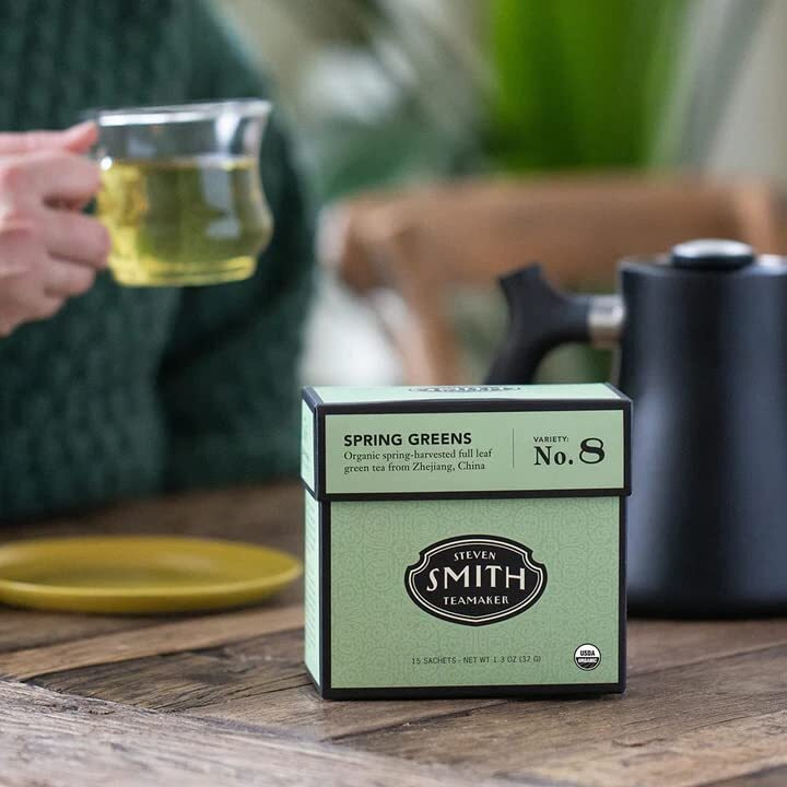 Smith Teamaker | Spring Greens No. 8 | Organic Mao Feng | Caffeinated Full Leaf Green Tea | Sugar-Free, Non-Gmo, Plant Based (15 Sachets, 1.3Oz Each)