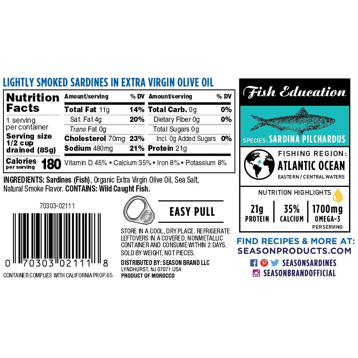 Season Sardines In Extra Virgin Olive Oil - Wild Caught, Lightly Smoked, 21G Of Protein, Keto Snacks, More Omega 3's Than Tuna, Kosher, High In Calcium, Canned Sardines - 4.37 Oz Tins, 12-Pack