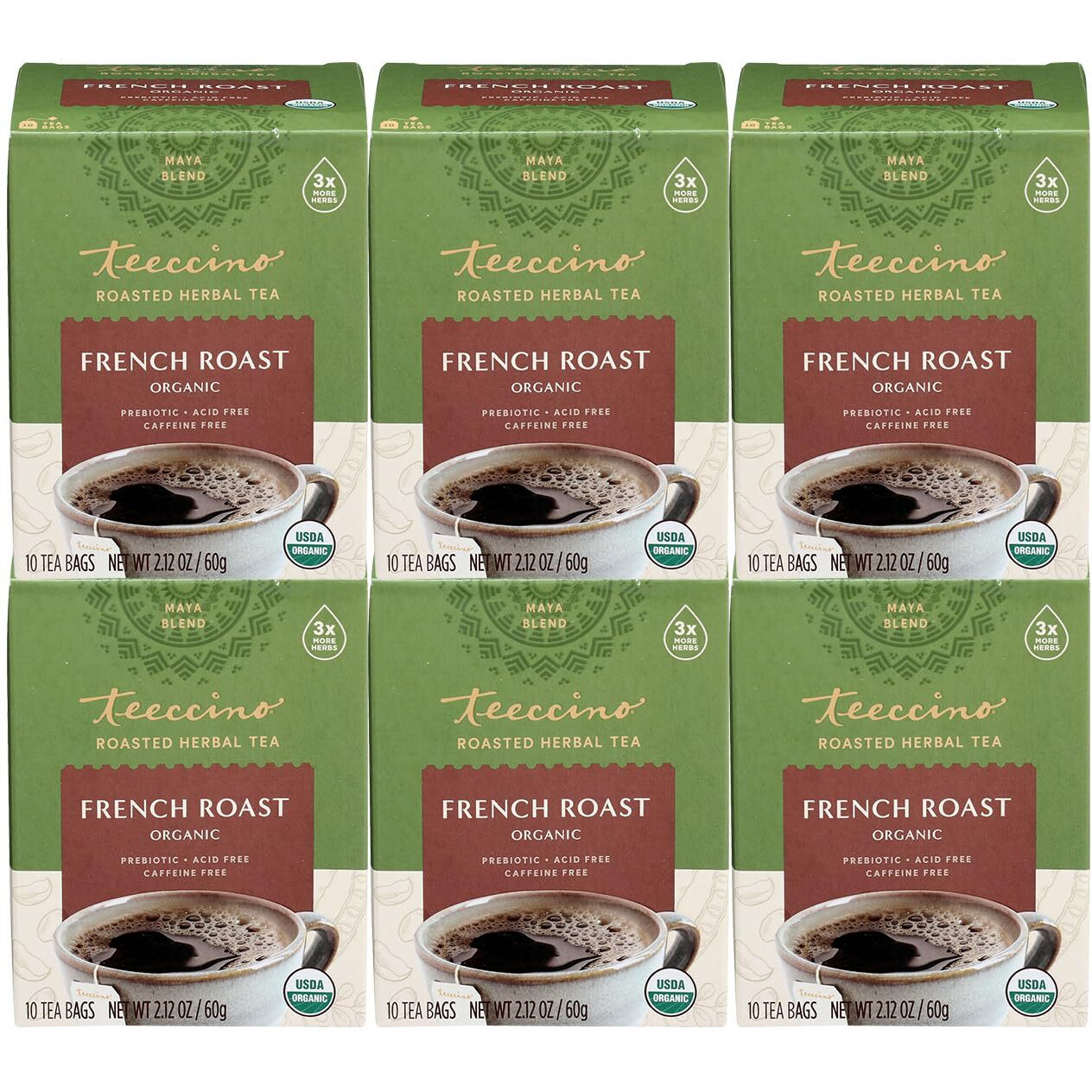 Teeccino French Roast Herbal Tea - Rich & Roasted Herbal Tea Thats Caffeine Free & Prebiotic For Natural Energy, Coffee Alternative, 10 Tea Bags (Pack Of 6)