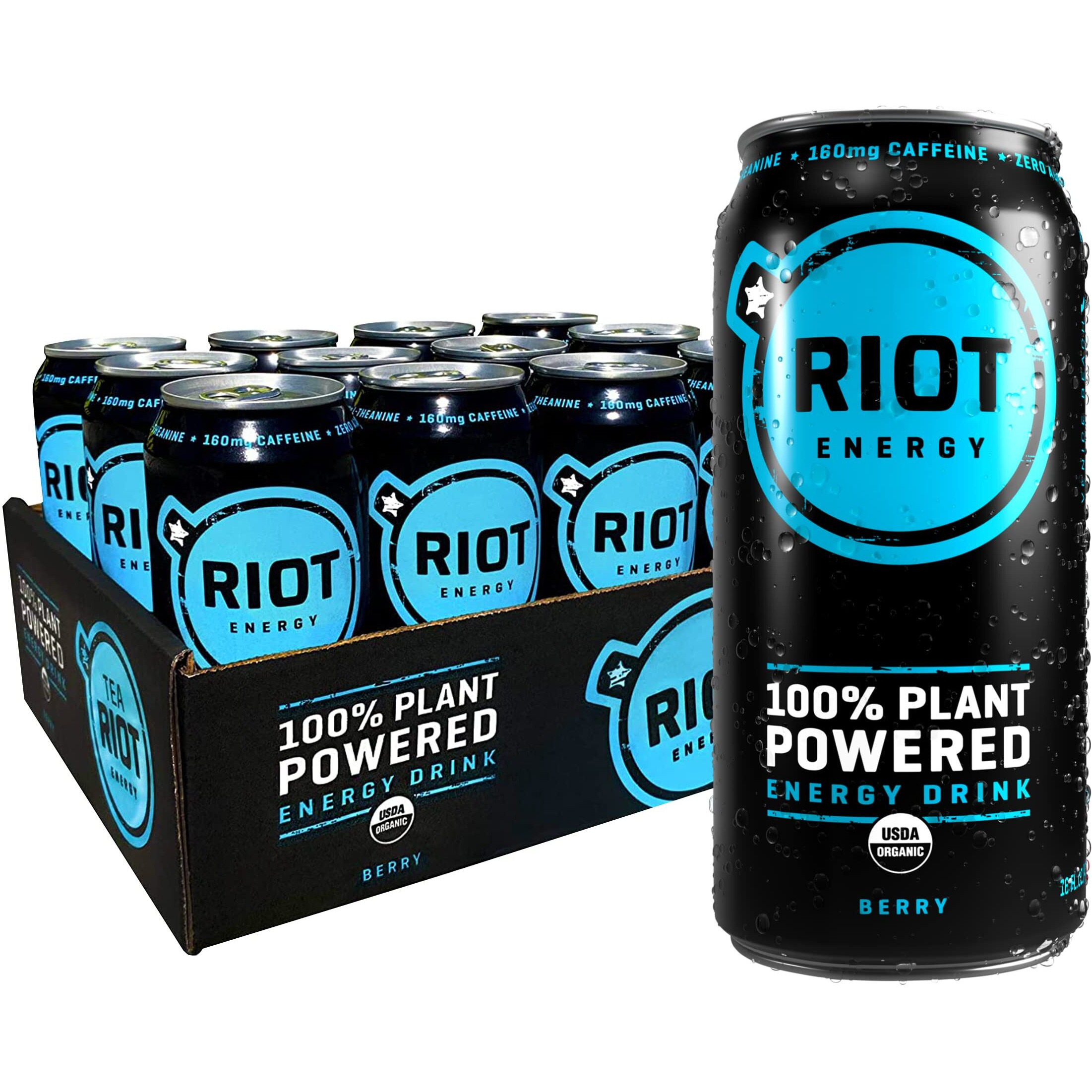 Riot Energy 100% Plant Powered Energy Drink (Berry Riot) Keto-Friendly, Organic, No Added Sugar (16Oz, Pack Of 12)