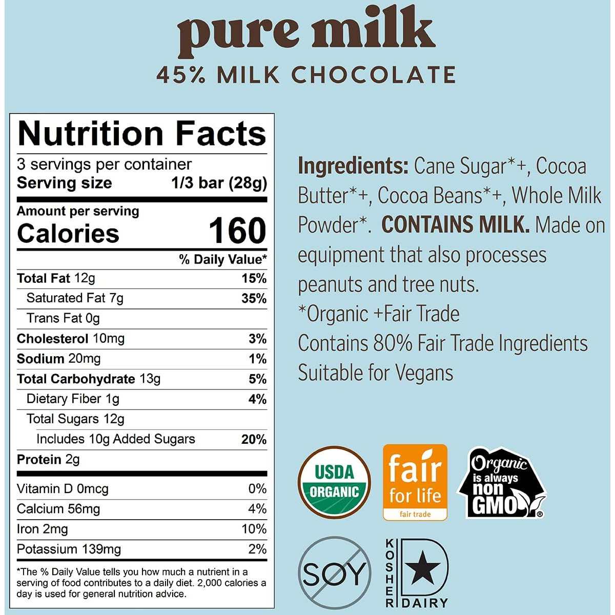 Theo Chocolate Pure Organic Milk Chocolate Bar, 45% Cacao, 12 Pack | Fair Trade