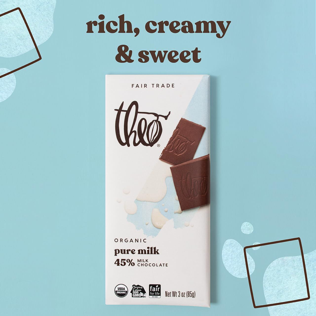 Theo Chocolate Pure Organic Milk Chocolate Bar, 45% Cacao, 12 Pack | Fair Trade