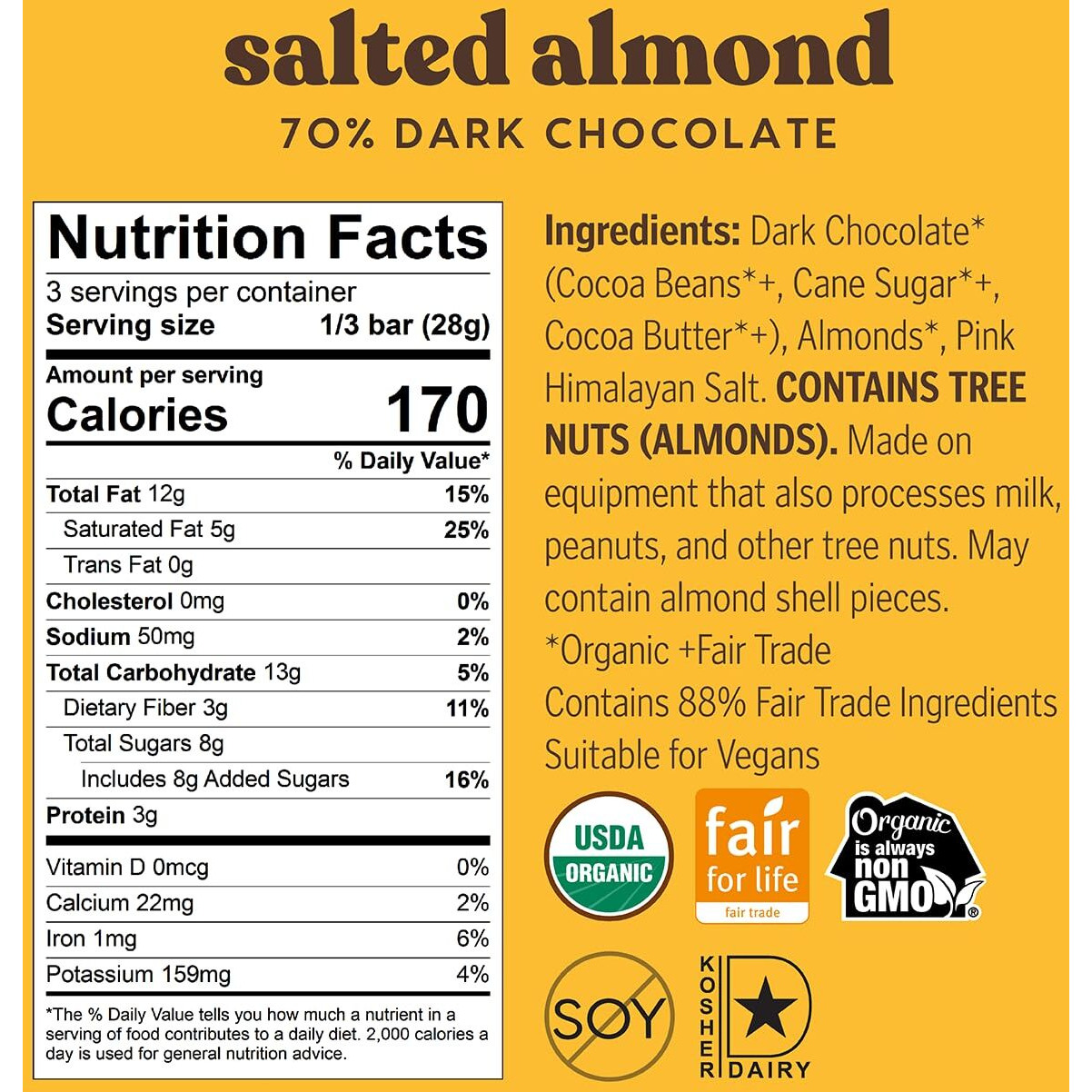 Theo Chocolate Salted Almond Organic Dark Chocolate Bar, 70% Cacao, 12 Pack | Vegan, Fair Trade