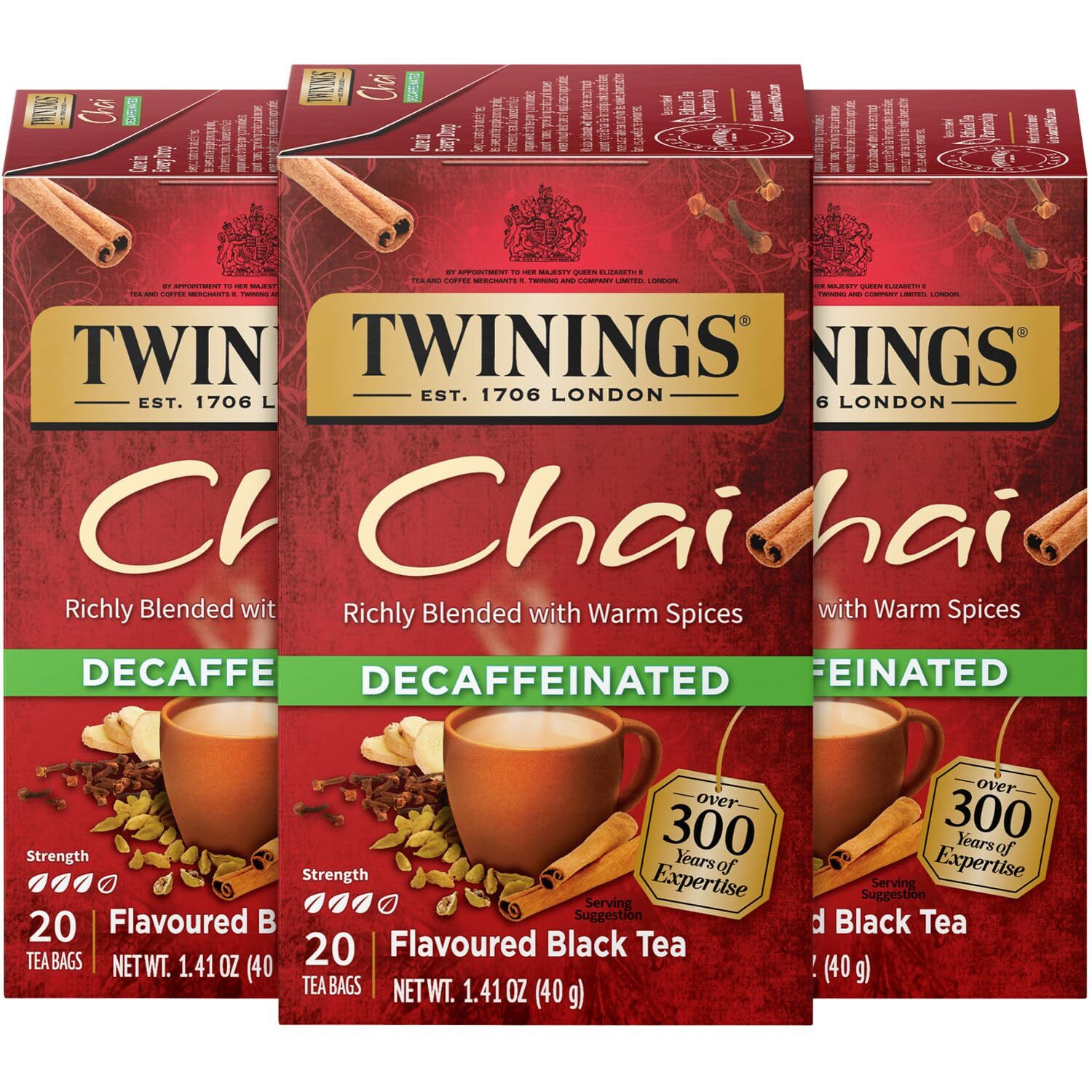 Twinings Decaffeinated Chai Tea, Black Tea Blend With Cinnamon, Ginger, Cardamon, Cloves For A Sweet And Spicy Flavor, 20 Count (Pack Of 3)