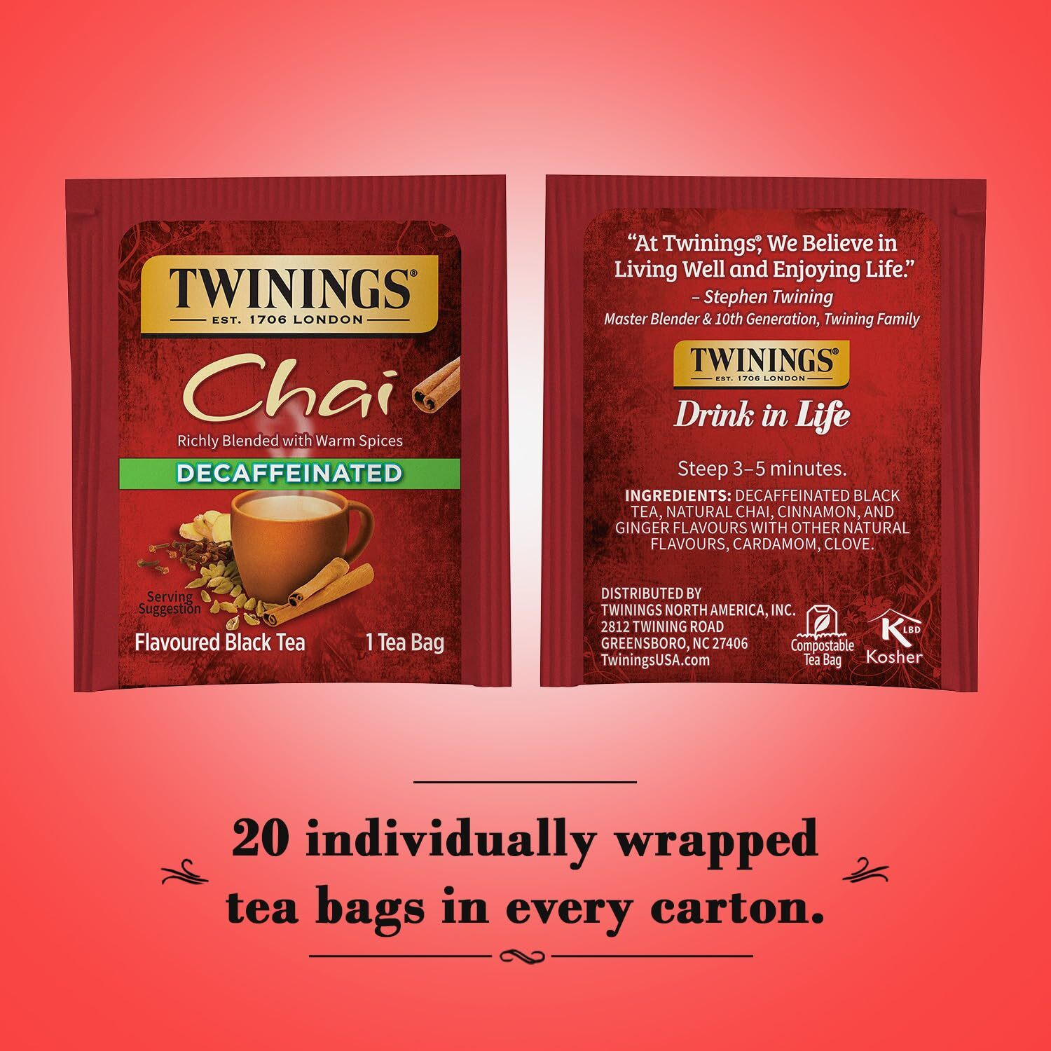 Twinings Decaffeinated Chai Tea, Black Tea Blend With Cinnamon, Ginger, Cardamon, Cloves For A Sweet And Spicy Flavor, 20 Count (Pack Of 3)