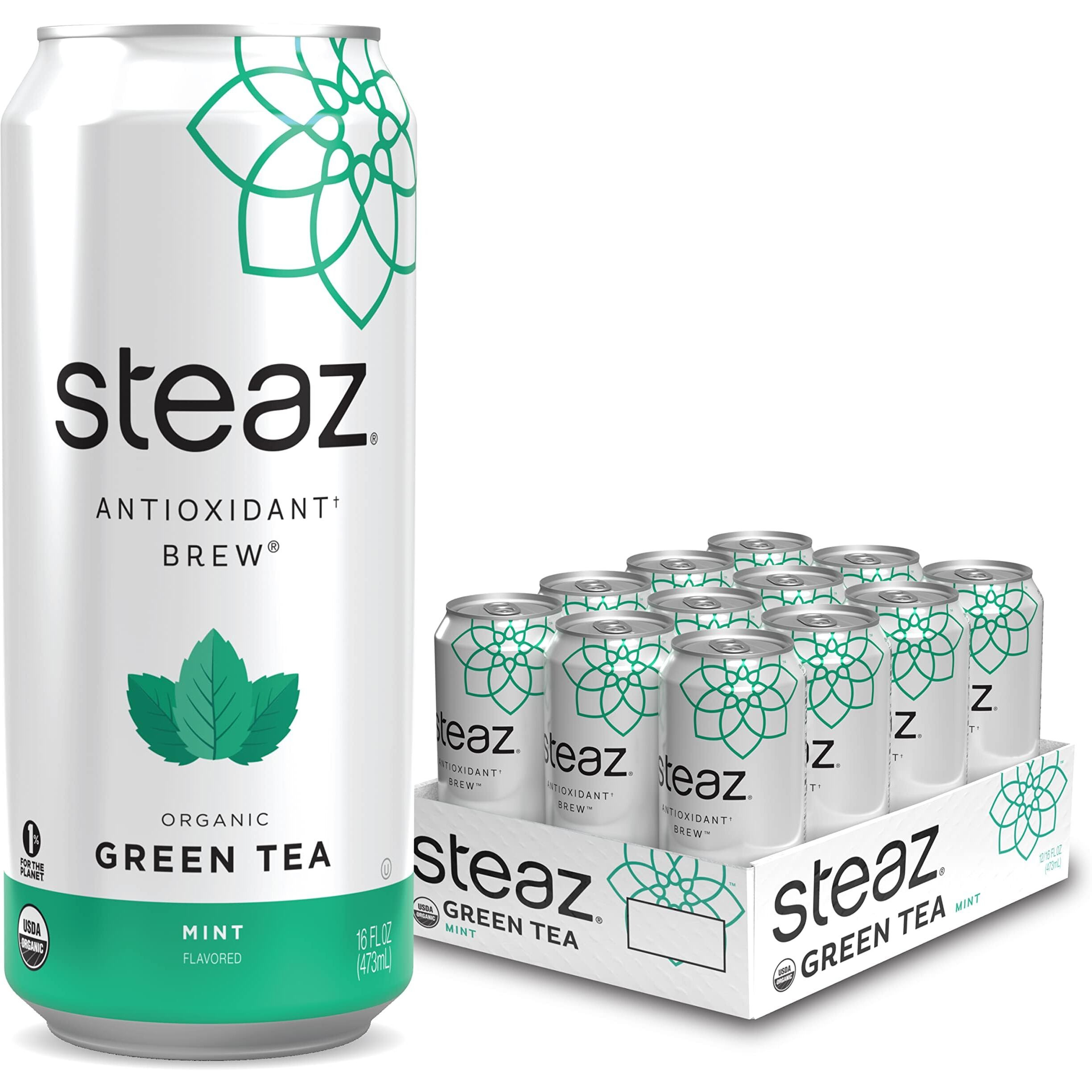 Steaz Organic Iced Green Tea Antioxidant Brew, Mint, 16 Fl Oz, Pack Of 12