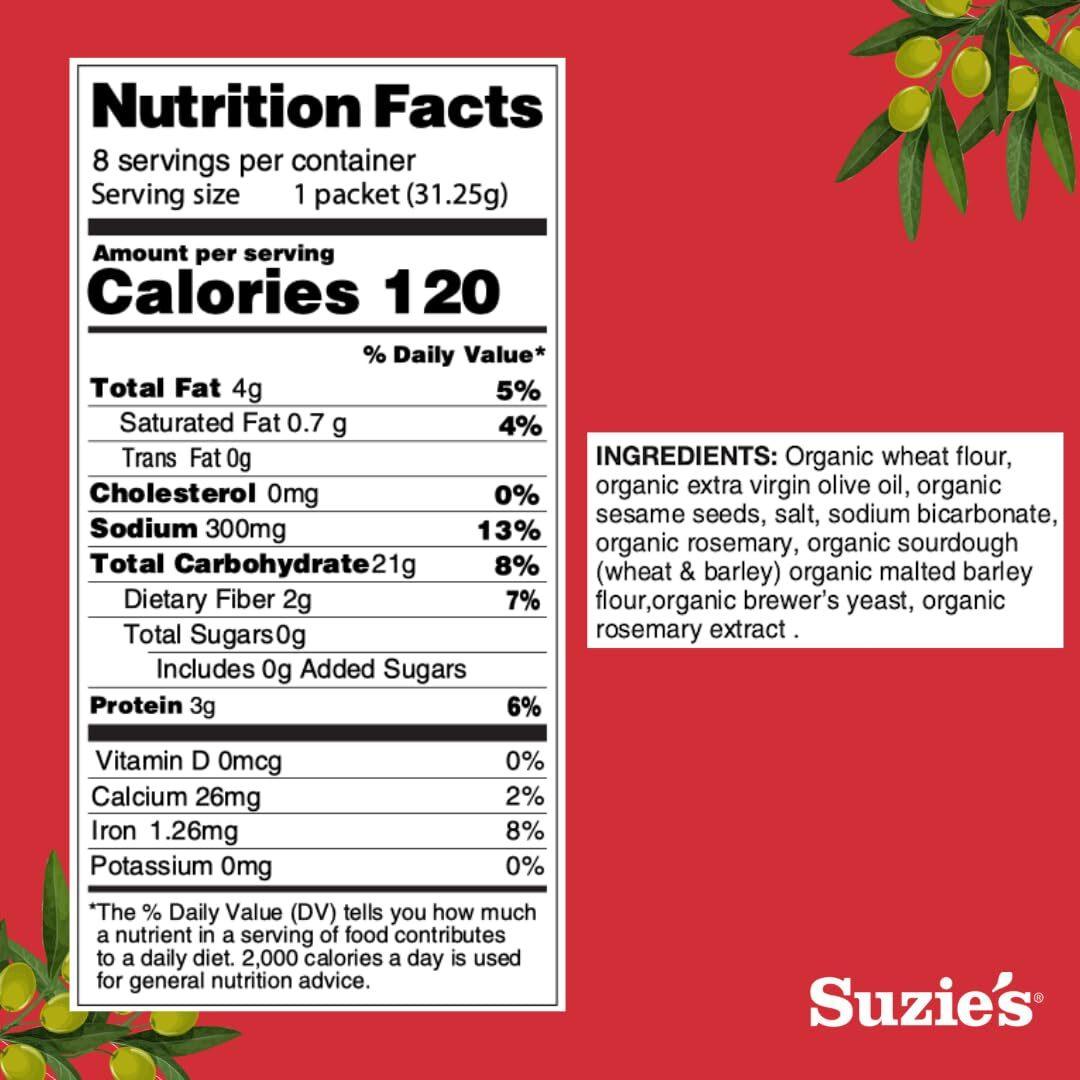 Suzie's Organic Rosemary Sesame Saltines Crackers|Healthy Gourmet Baked Vegan Snack For Adults & Children|Non Gmo|12 Fresh Packs (96 Individual Stay Fresh Packs) - 8.8Oz Each