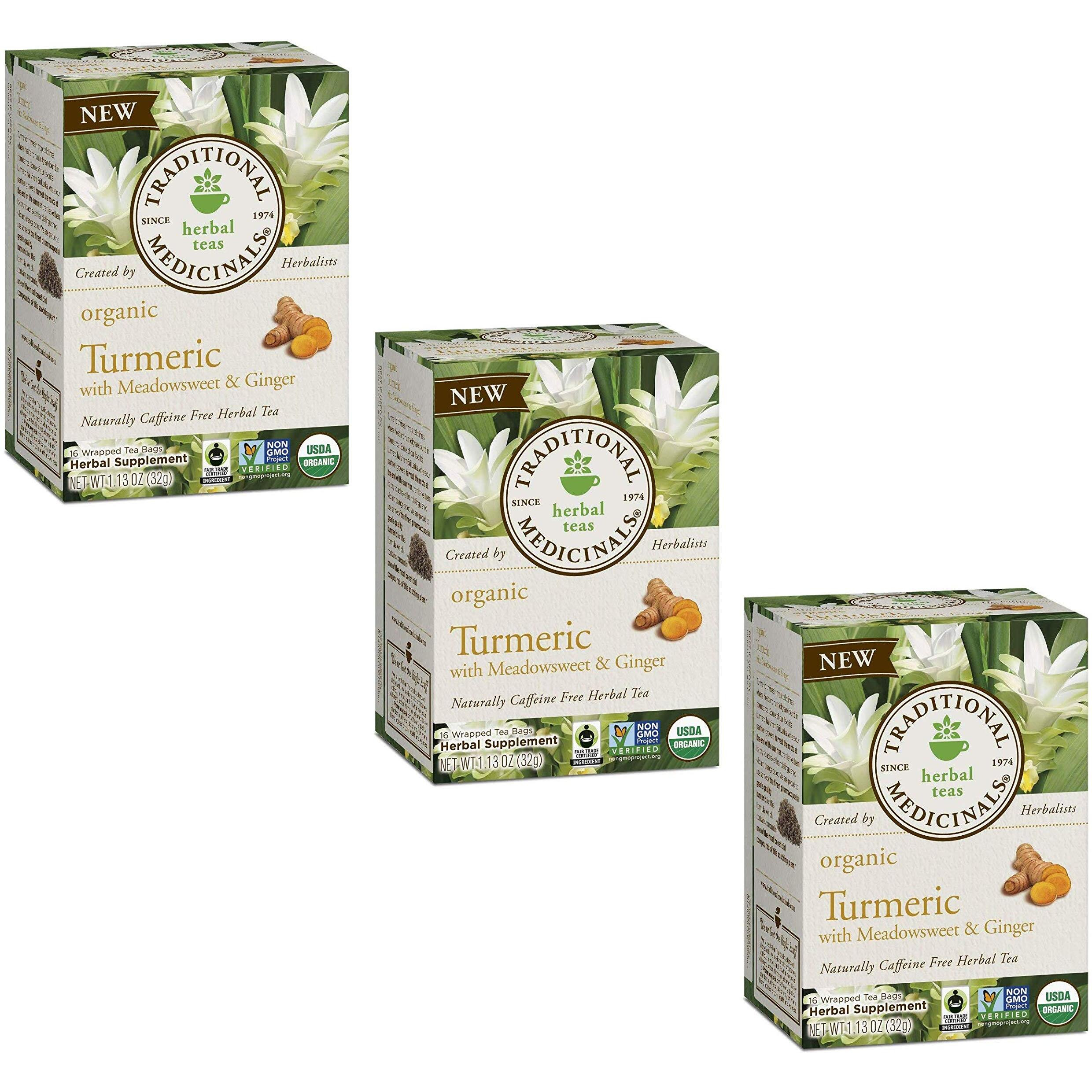 Traditional Medicinals Organic Turmeric With Meadowsweet & Ginger Herbal Tea, Supports Healthy Response To Inflammation, (Pack Of 3) - 48 Tea Bags Total