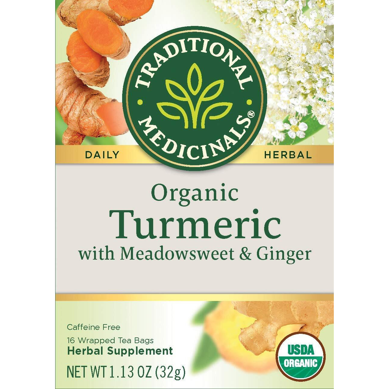 Traditional Medicinals Organic Turmeric With Meadowsweet & Ginger Herbal Tea, Supports Healthy Response To Inflammation, (Pack Of 3) - 48 Tea Bags Total