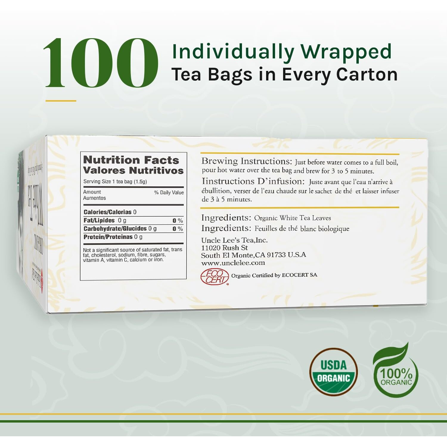 Uncle Lees Organic White Tea - Premium Tea For Everyday Wellness, Low Caffeine, Antioxidant-Rich White Tea Bags, Individually Wrapped, 100 Count (Pack Of 4)