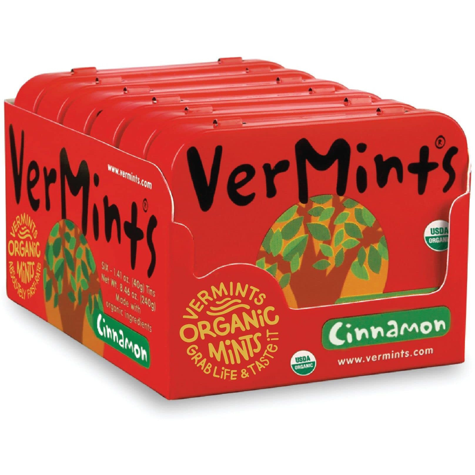 Organic Breath Mints By Vermints, Cinnamon Flavor, All Natural Pastilles, Non-Gmo, Nut Free, Gluten Free, Vegan, Ksa Kosher, Pack Of 6, 1.41Oz Tins