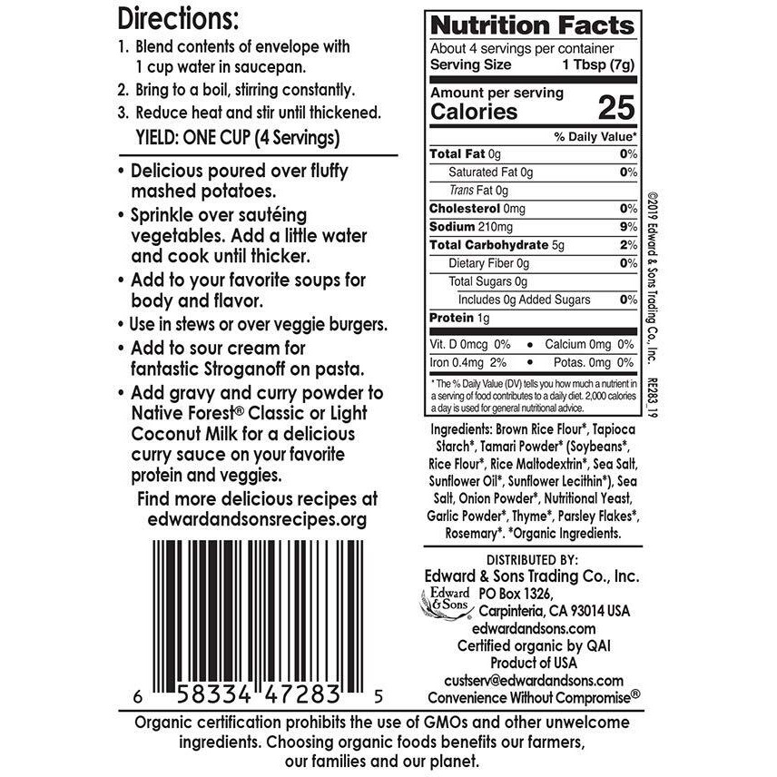 Road's End Organics Gluten Free Savory Herb Gravy, Mix, Organic, 1 Ounce Pouch (Pack Of 12)