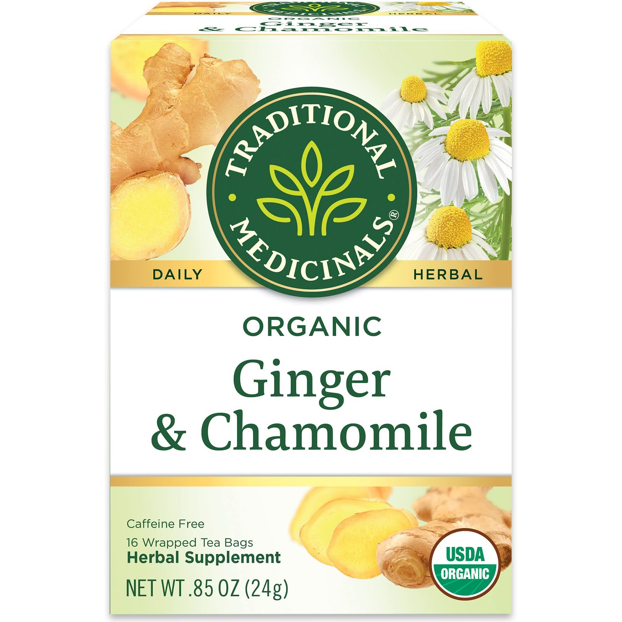 Traditional Medicinals Organic Ginger & Chamomile Herbal Tea, Relieves Occasional Indigestion Or Nausea, (Pack Of 1) - 16 Tea Bags