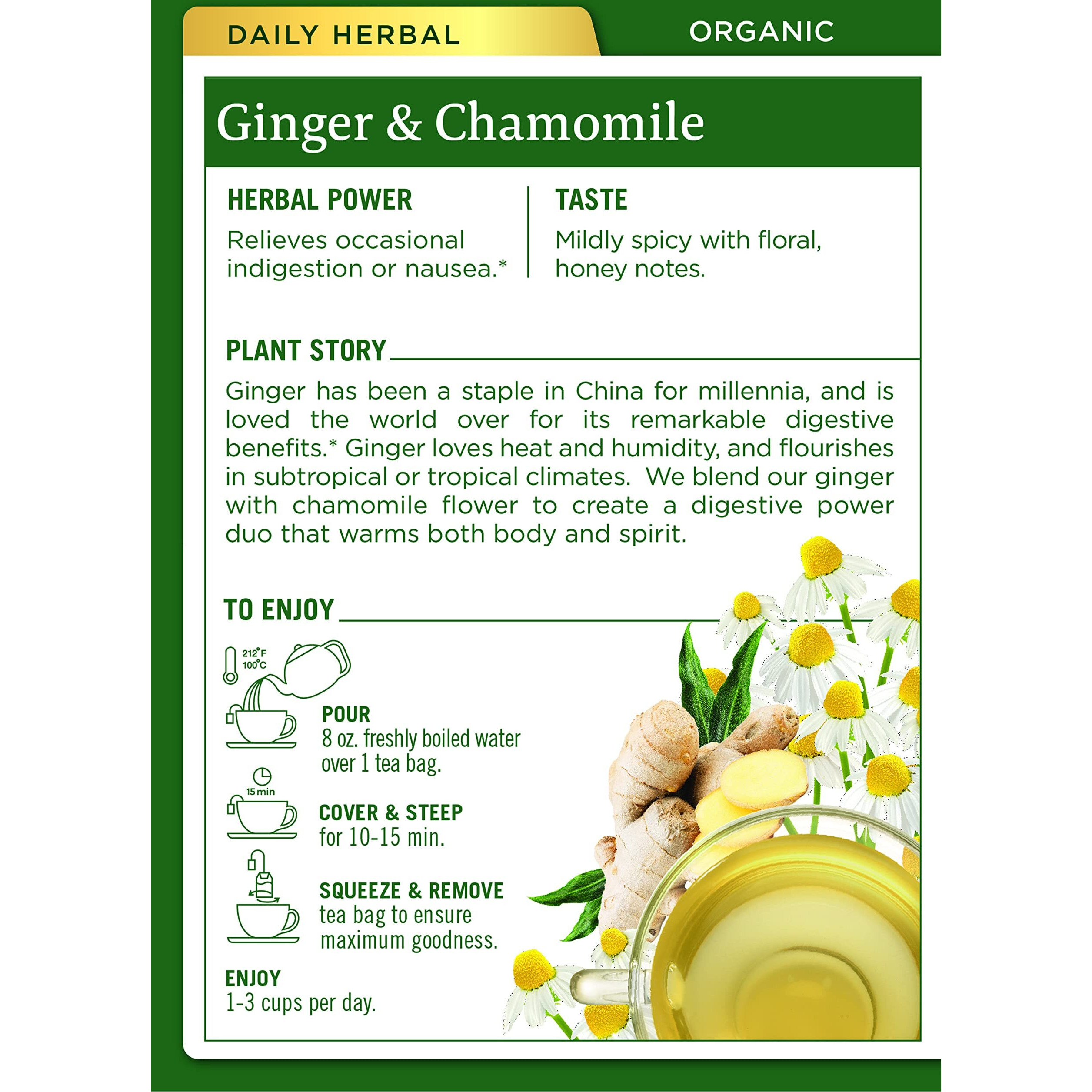 Traditional Medicinals Organic Ginger & Chamomile Herbal Tea, Relieves Occasional Indigestion Or Nausea, (Pack Of 1) - 16 Tea Bags
