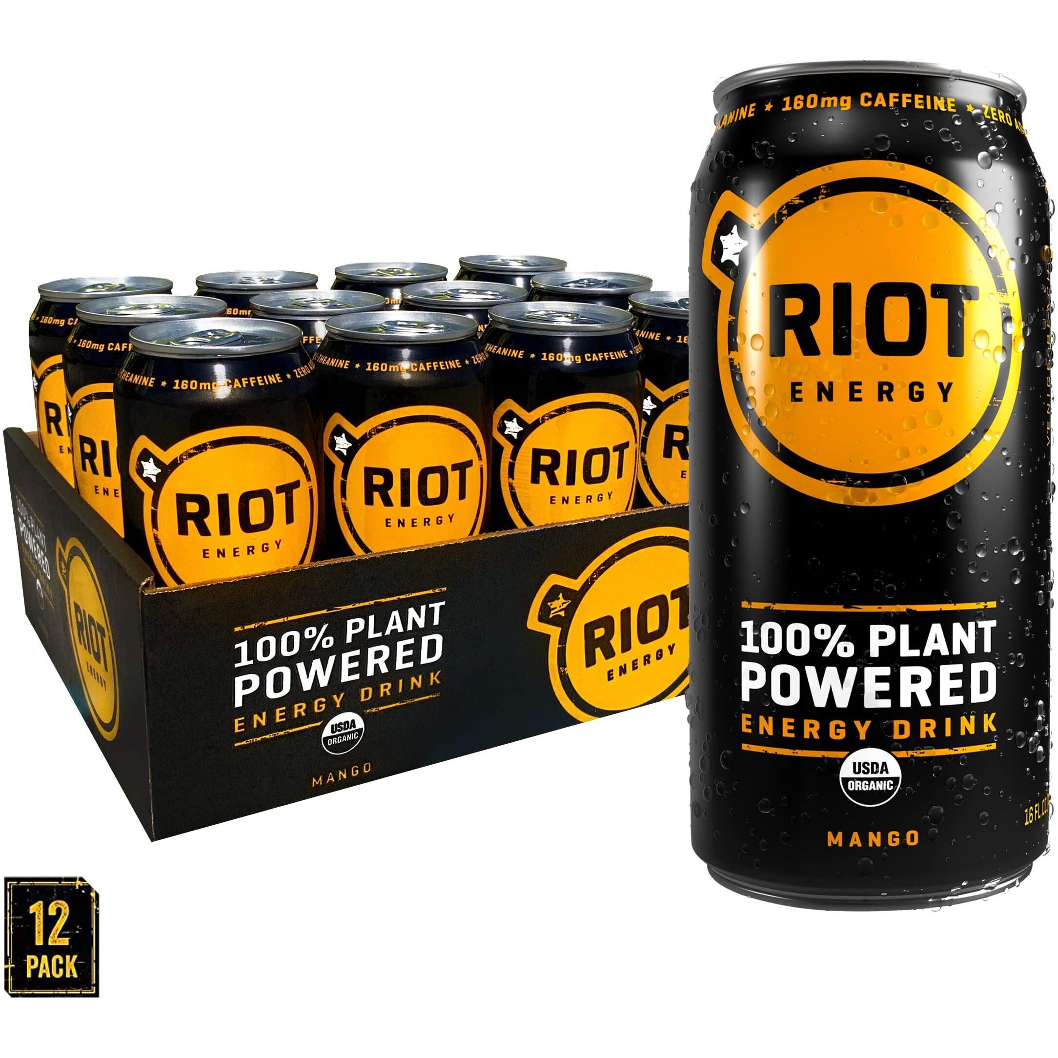 Riot Energy 100% Plant Powered Energy Drink (Mango Riot) Keto-Friendly, Organic, No Added Sugar (16Oz, Pack Of 12)