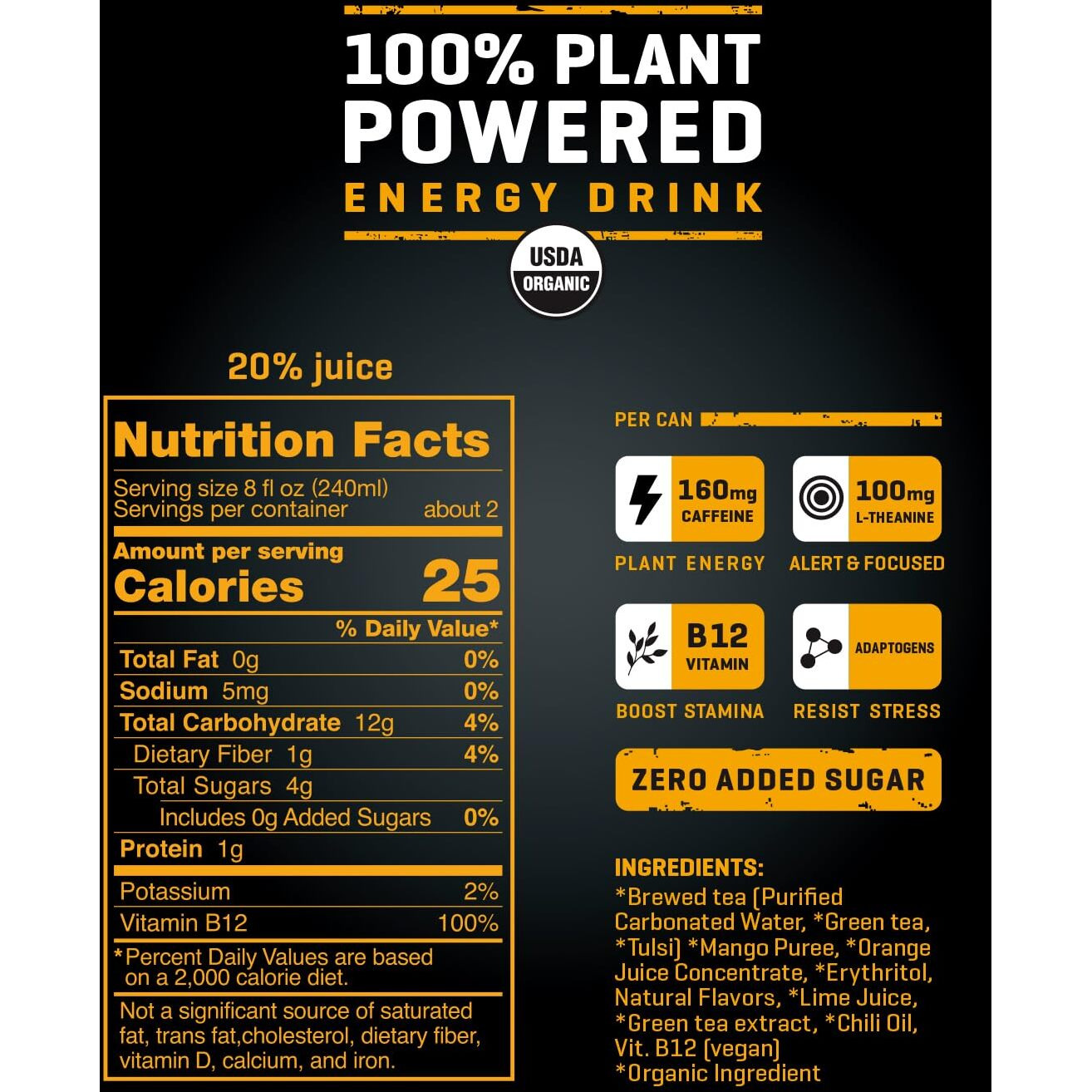 Riot Energy 100% Plant Powered Energy Drink (Mango Riot) Keto-Friendly, Organic, No Added Sugar (16Oz, Pack Of 12)