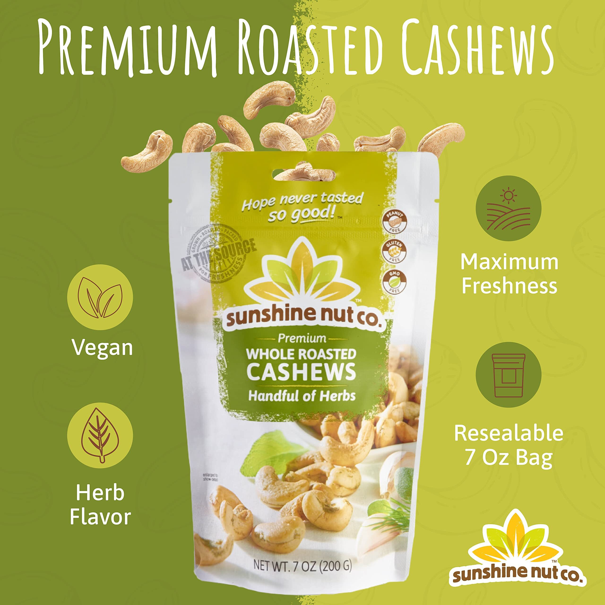 Whole Roasted Lightly Salted Cashews By Sunshine Nuts Co., Gluten Free, Peanut Free And Vegan Individual Snack Packs For Kids And Adults, Gmo Free, Handful Of Herbs Flavor, 7 Oz. Each