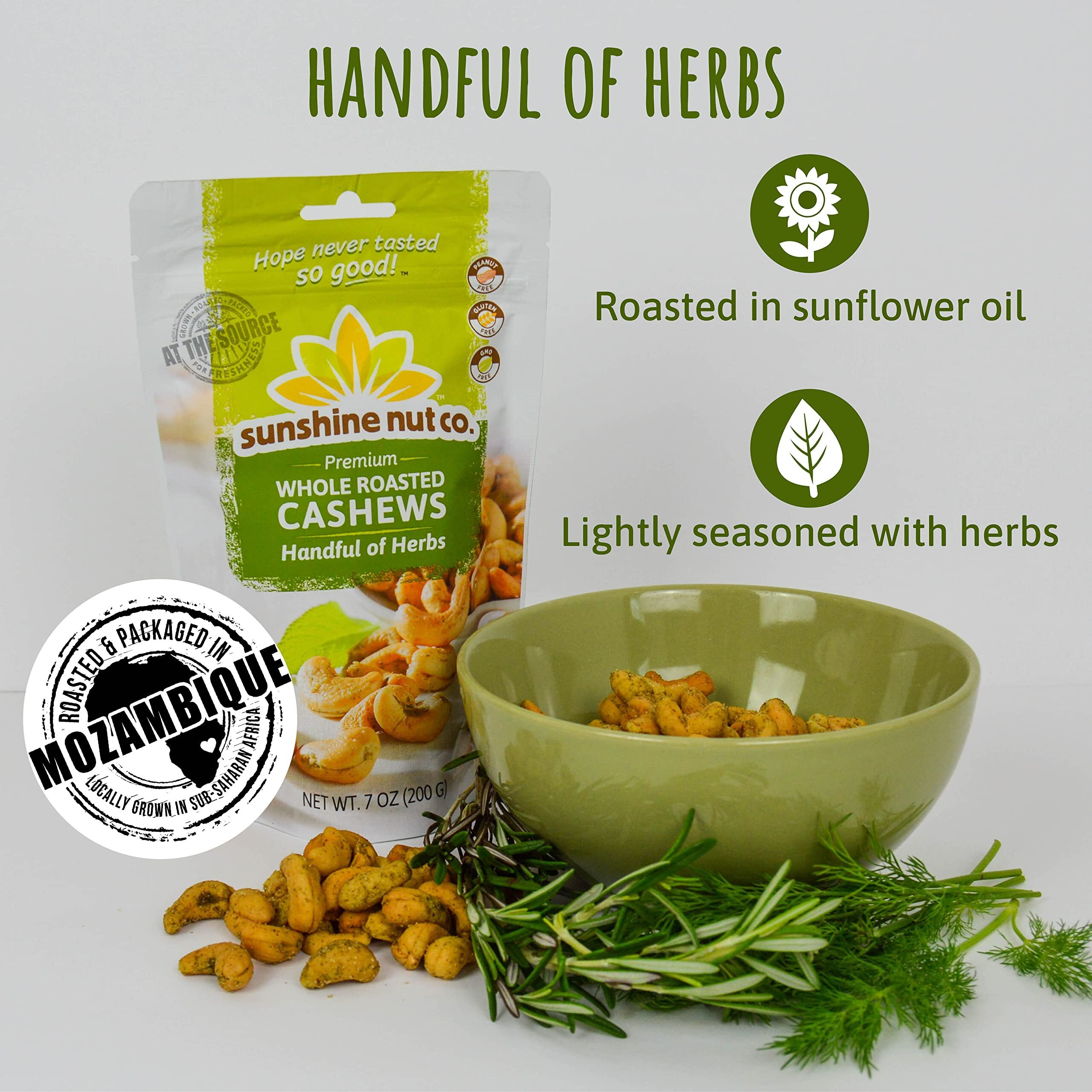 Whole Roasted Lightly Salted Cashews By Sunshine Nuts Co., Gluten Free, Peanut Free And Vegan Individual Snack Packs For Kids And Adults, Gmo Free, Handful Of Herbs Flavor, 7 Oz. Each