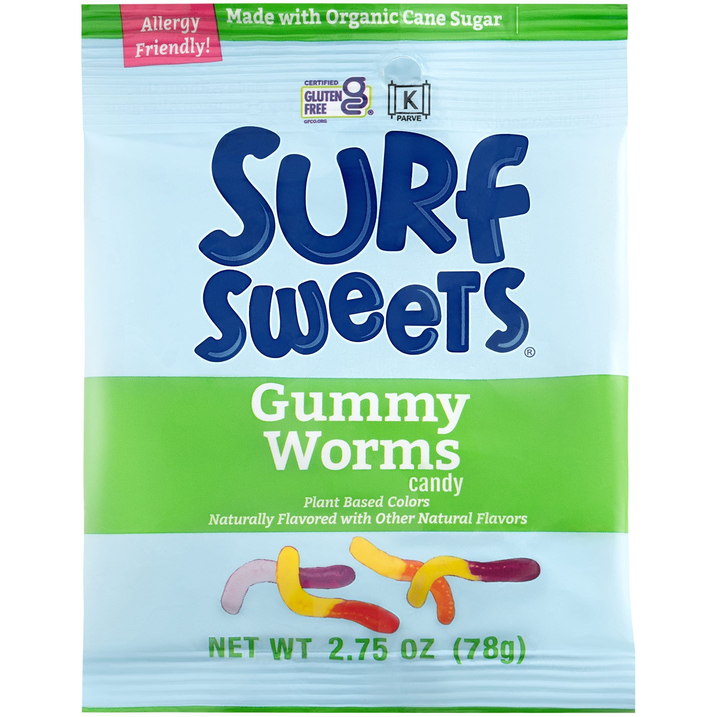Surf Sweets Gummy Worms, Made With Organic Cane Sugar And Organic Fruit Juice, Gluten Free, Nut-Free, Vegetarian And No Artificial Colors Or Flavors, 2.75 Oz (Pack Of 12)