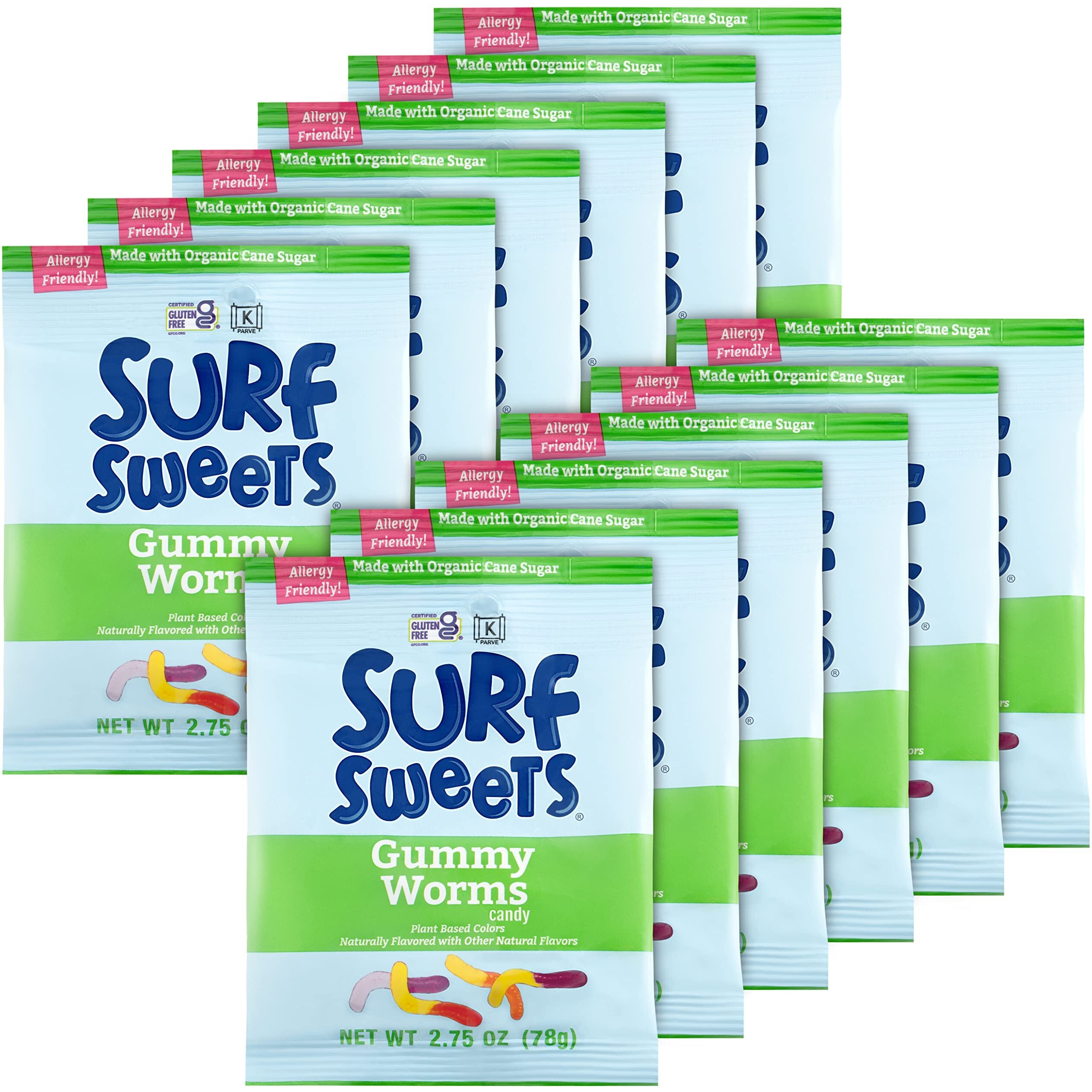 Surf Sweets Gummy Worms, Made With Organic Cane Sugar And Organic Fruit Juice, Gluten Free, Nut-Free, Vegetarian And No Artificial Colors Or Flavors, 2.75 Oz (Pack Of 12)