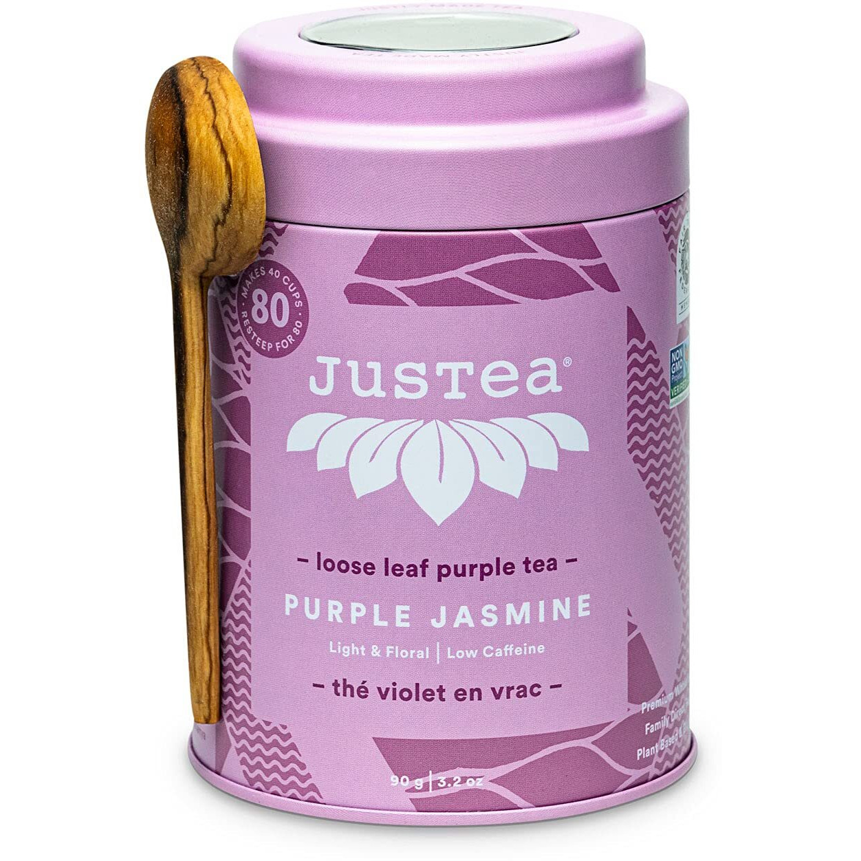 Justea Purple Jasmine | Loose Leaf Purple Tea | Tin With Hand Carved Tea Spoon | 40+ Cups (3.2Oz) | Low Caffeine | Award-Winning | Fair Trade | Non-Gmo