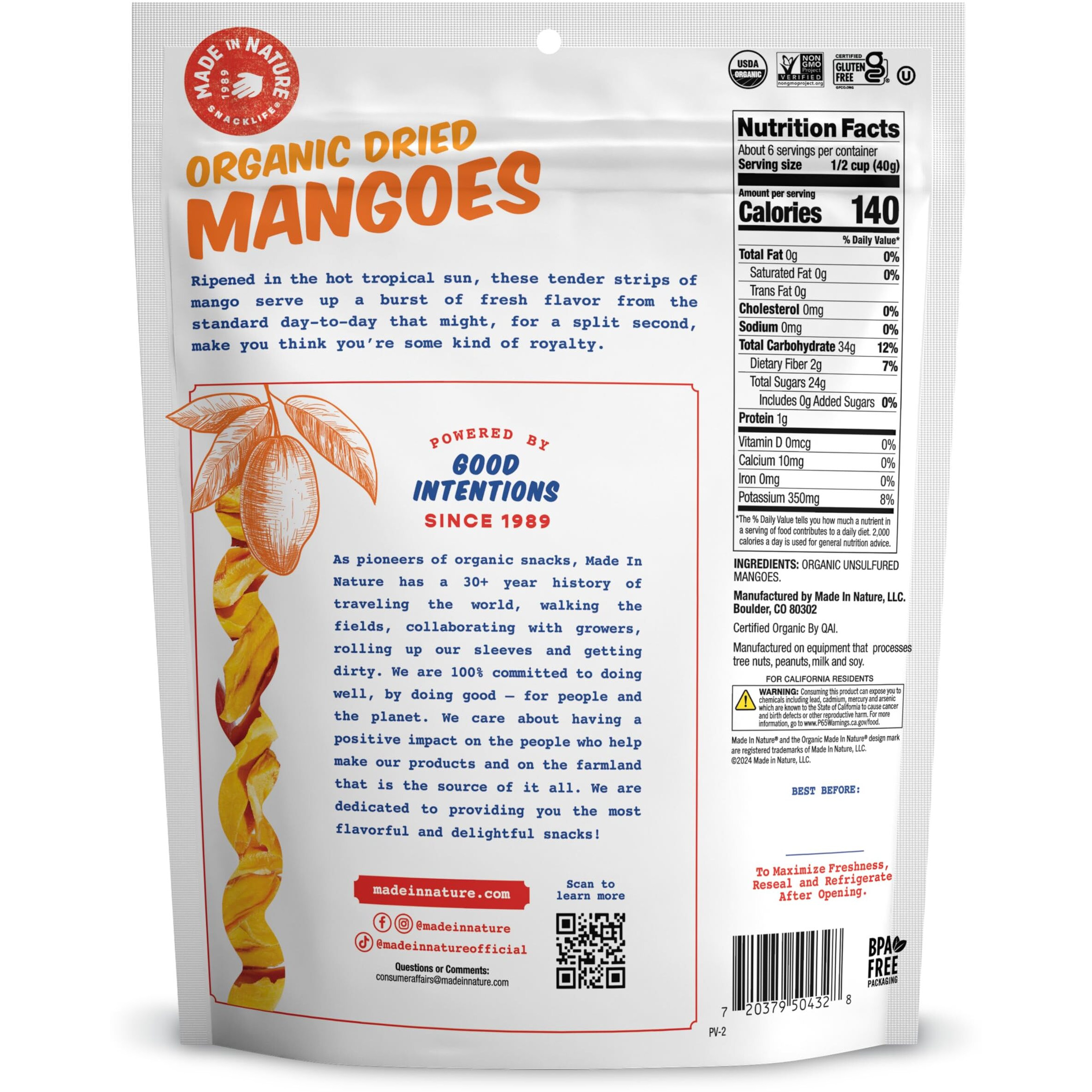 Made In Nature Organic Dried Mangoes, Non-Gmo, Gluten Free, Unsulfured, Vegan Snack, 8Oz (Pack Of 1), Packaging May Vary